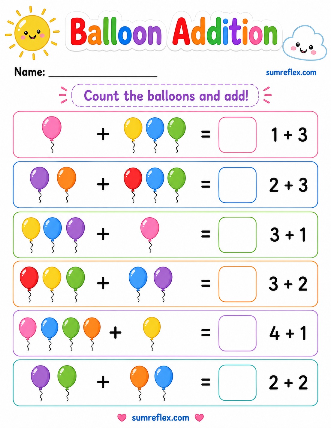 Balloon addition worksheet for preschool learners with floating picture groups