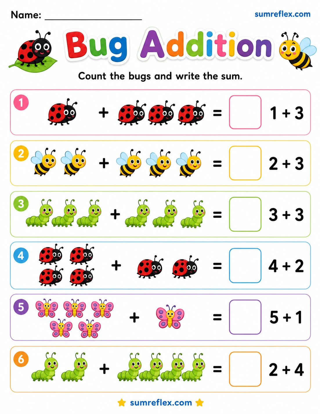 Bug addition worksheet for preschool with insect picture sums
