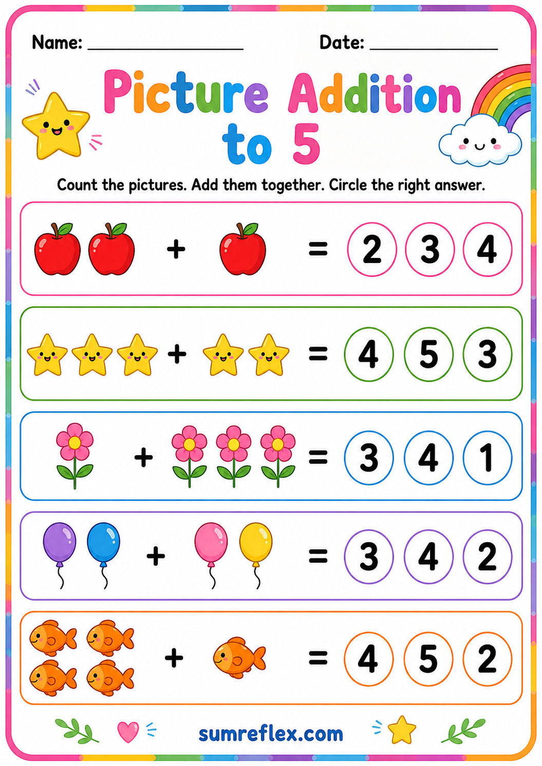 Colorful preschool addition worksheet with picture groups and answer boxes