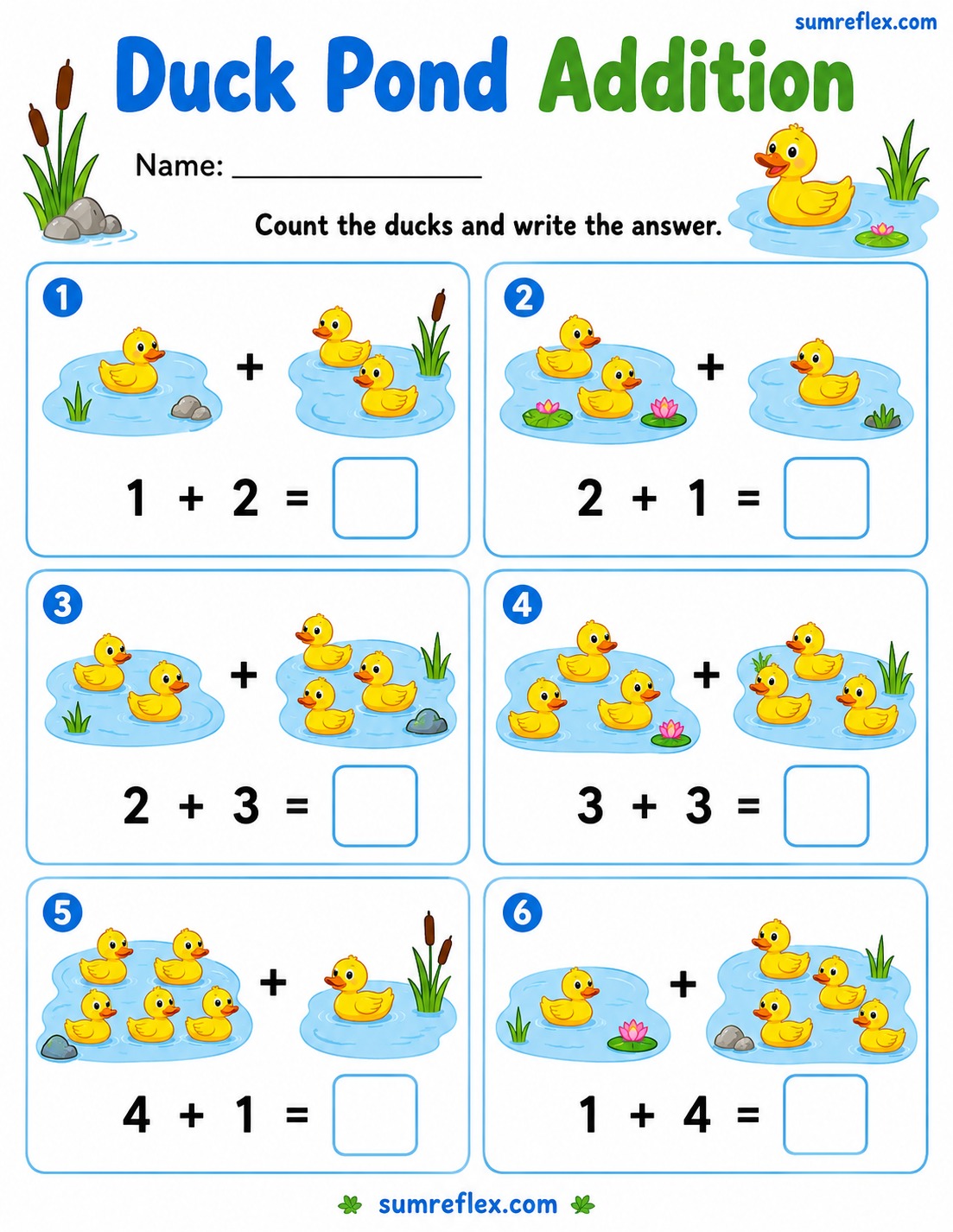 Duck and pond addition worksheet for preschool with water scene pictures