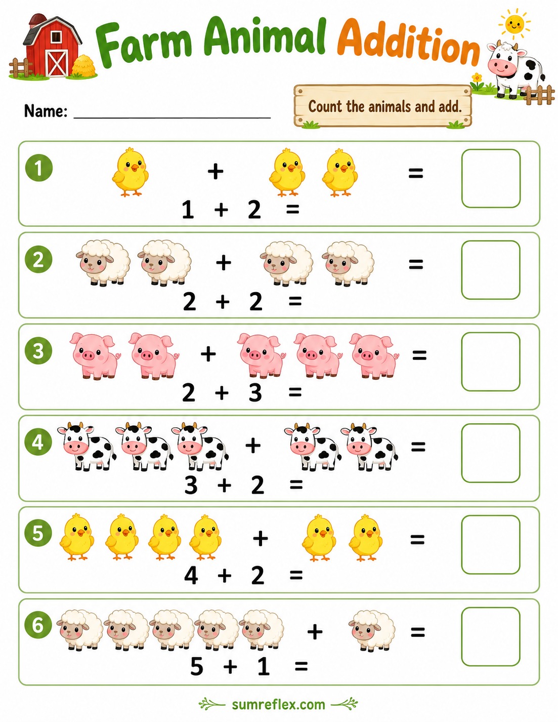 Farm animal addition worksheet for preschool with animal groups to add