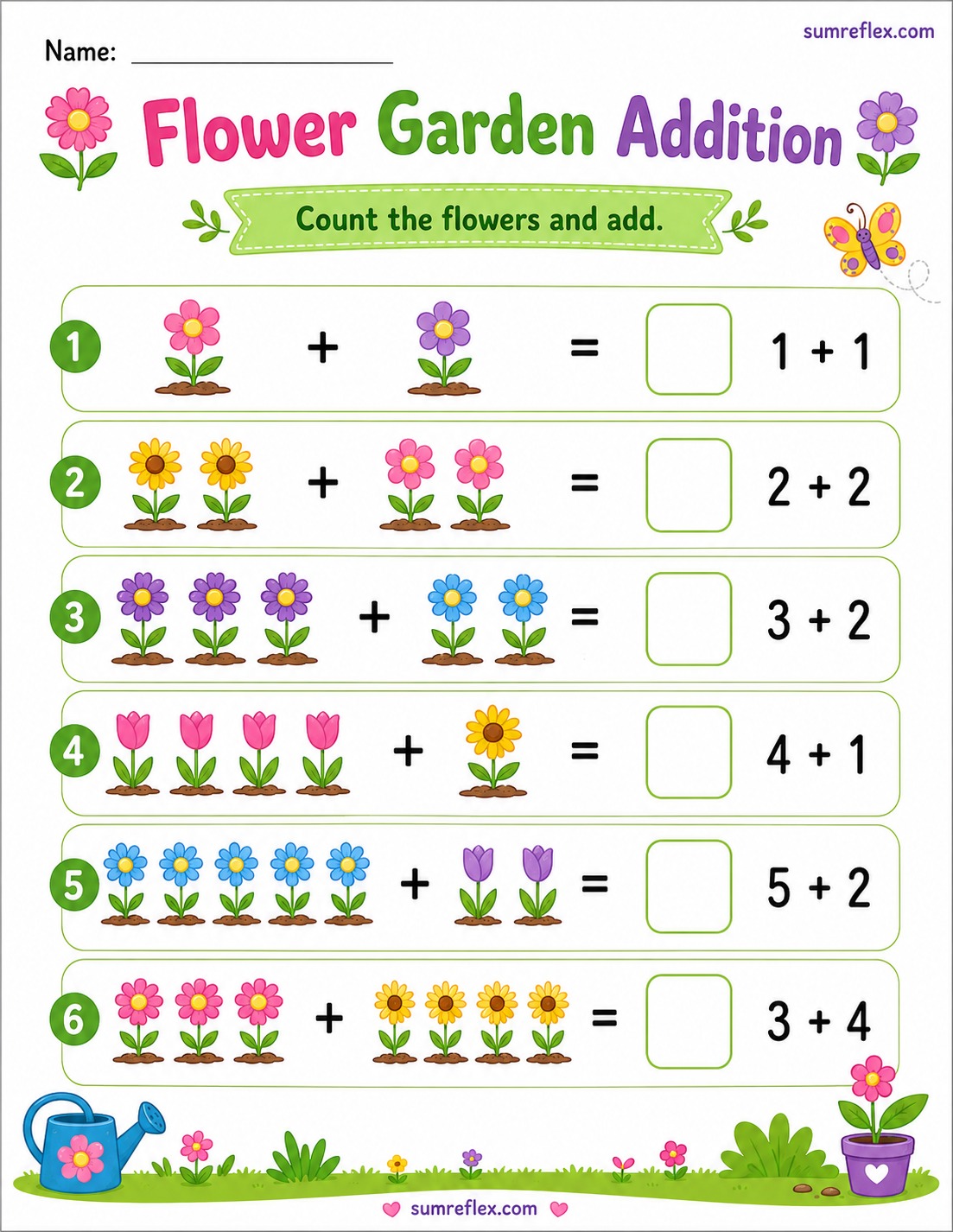 Flower garden addition worksheet for preschool with garden picture sums