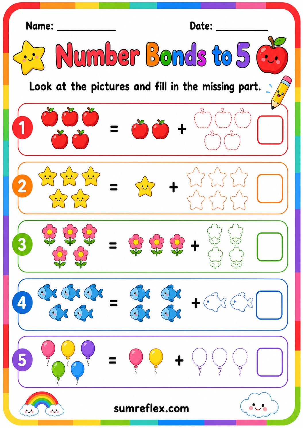 Number bonds to 5 worksheet for preschool with part and whole spaces