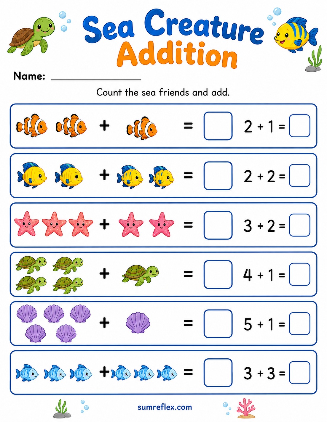 Sea creature addition worksheet for preschool with ocean animal sums
