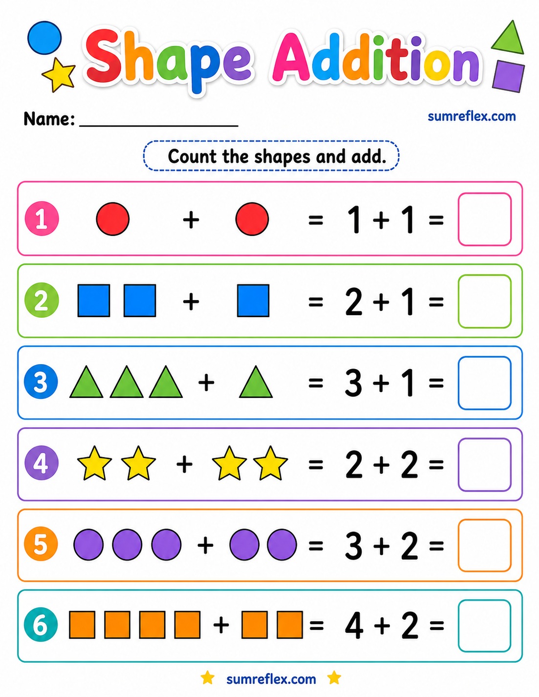Shape addition worksheet for preschool using simple geometric pictures