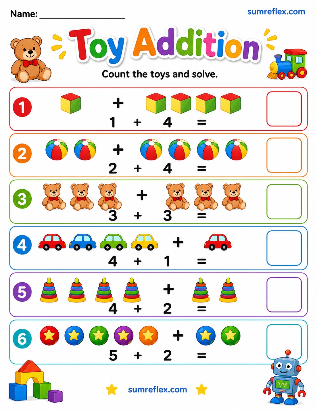 Toy addition worksheet for preschool with familiar play objects