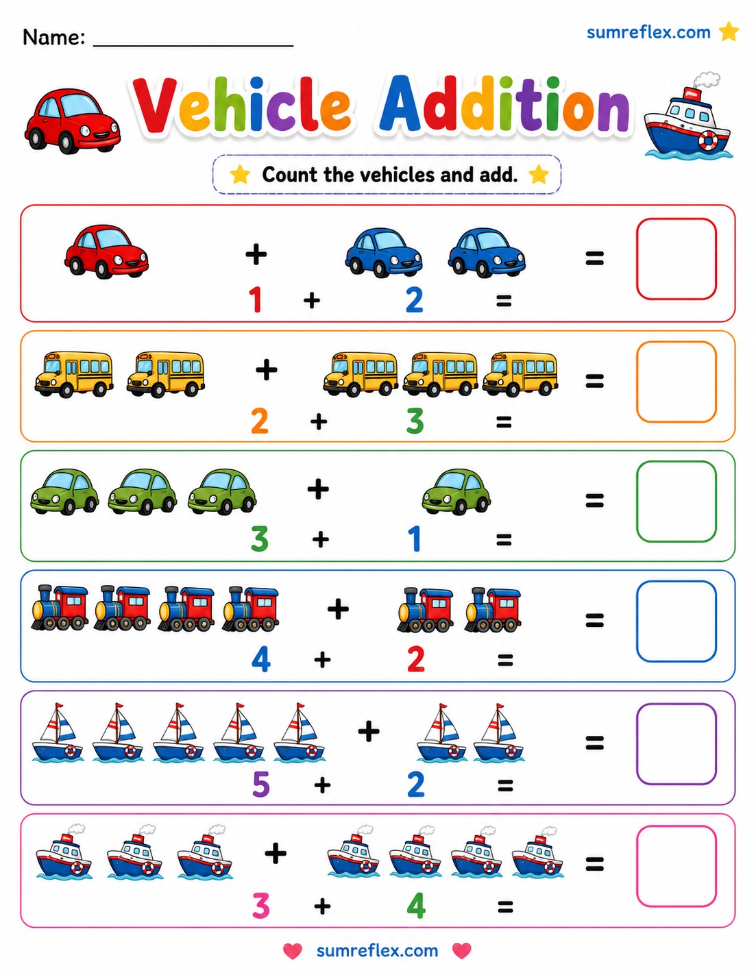 Vehicle addition worksheet for preschool with cars and transportation pictures