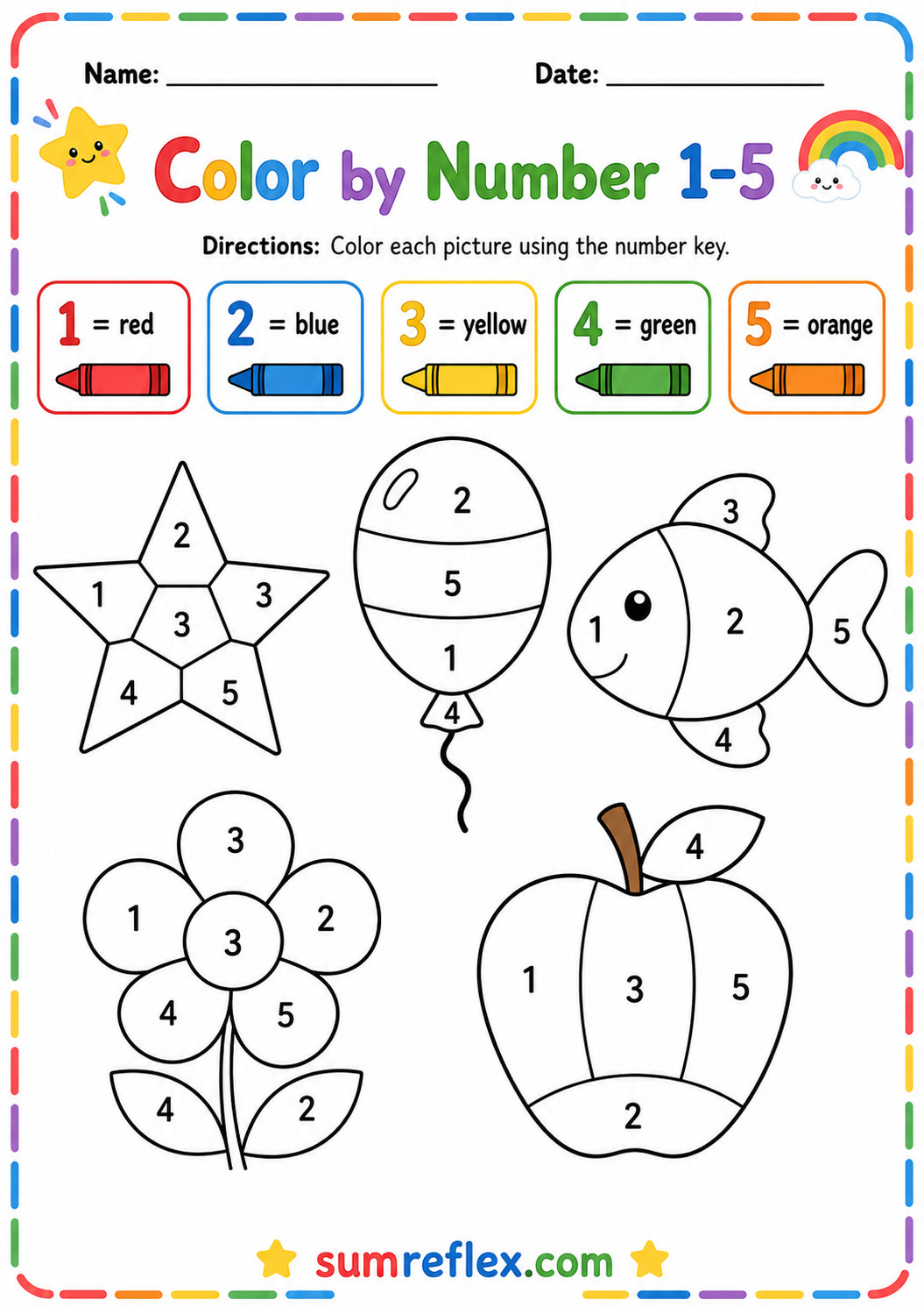 Preschool color by number worksheet with numbered spaces