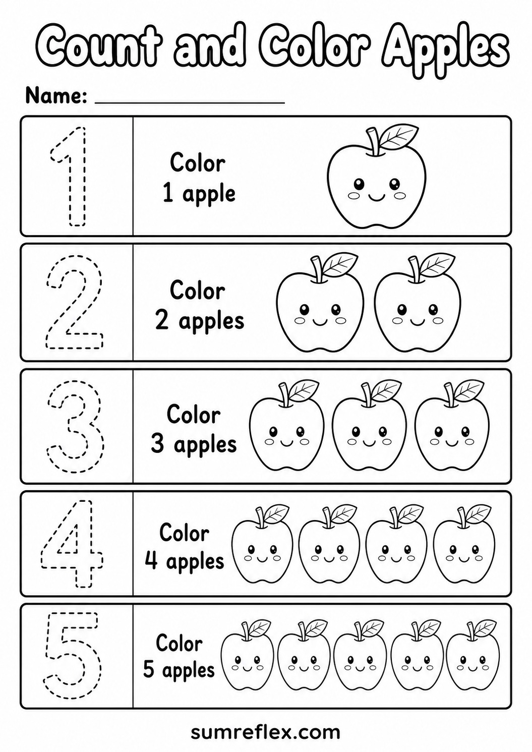 Preschool count and color apples worksheet with numbers 1 to 5