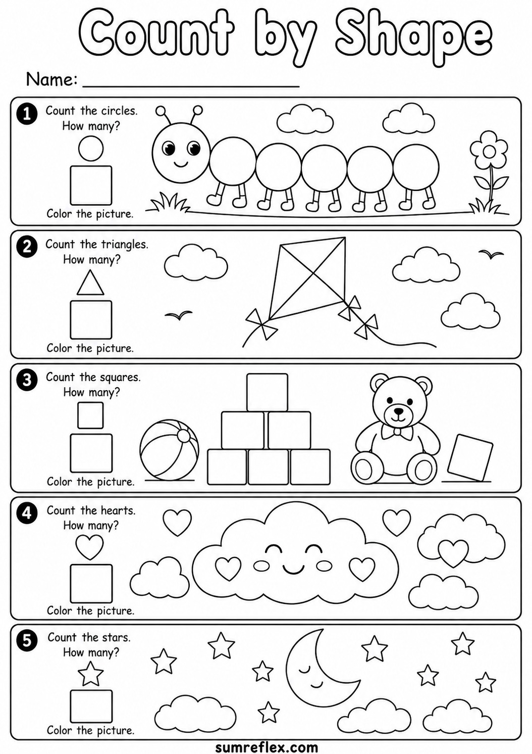 Count by shape coloring worksheet for preschool with circles triangles squares hearts and stars