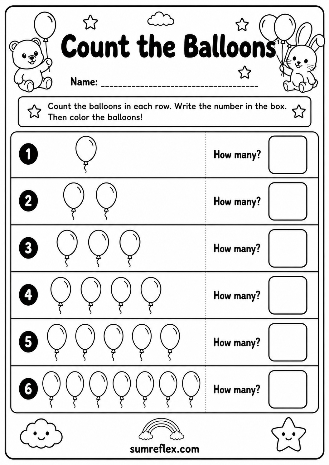 Preschool count the balloons coloring worksheet with answer boxes