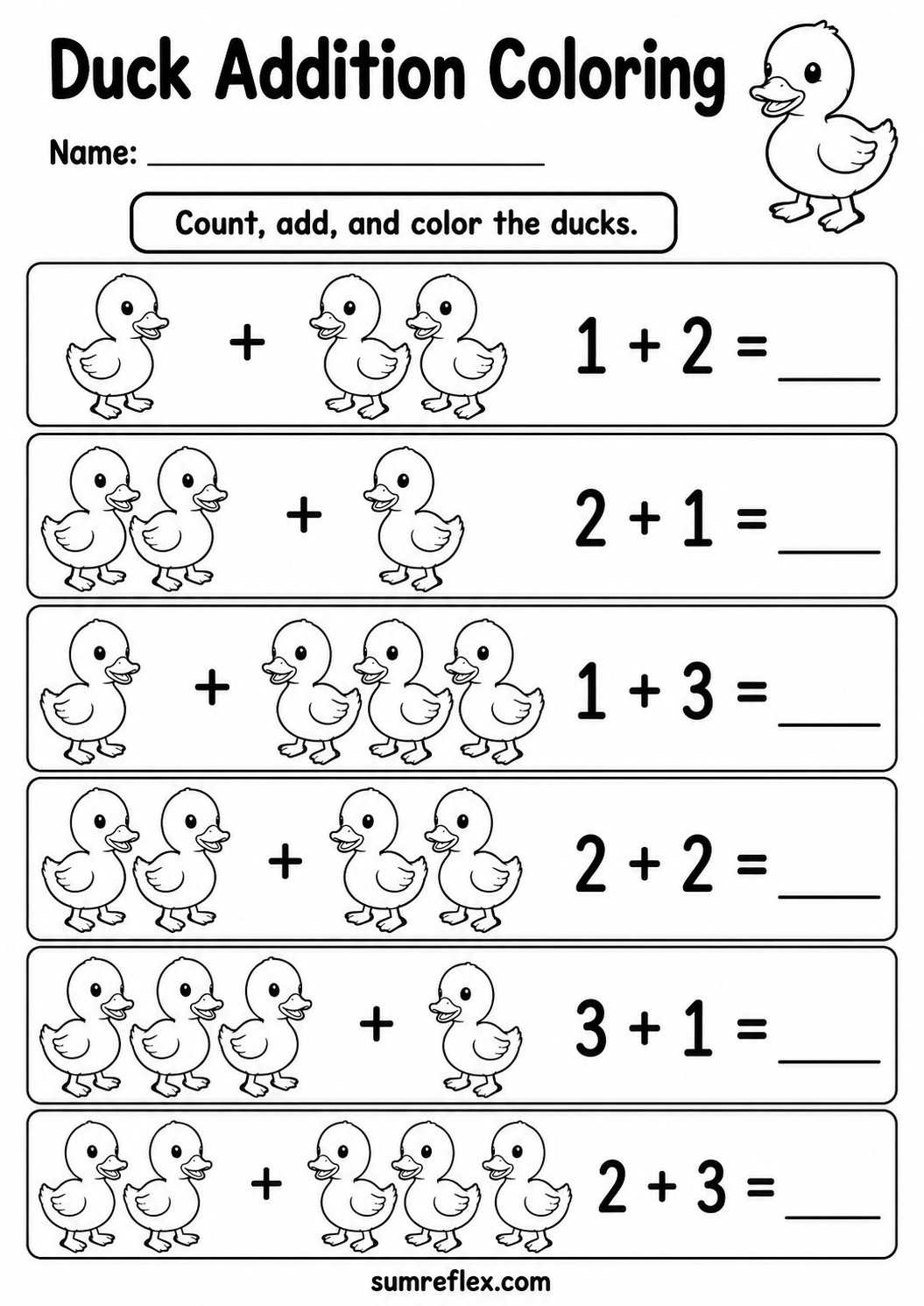 Duck addition coloring worksheet for preschool with picture sums