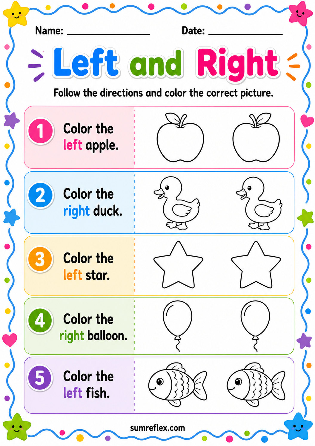 Preschool left and right coloring worksheet with direction practice