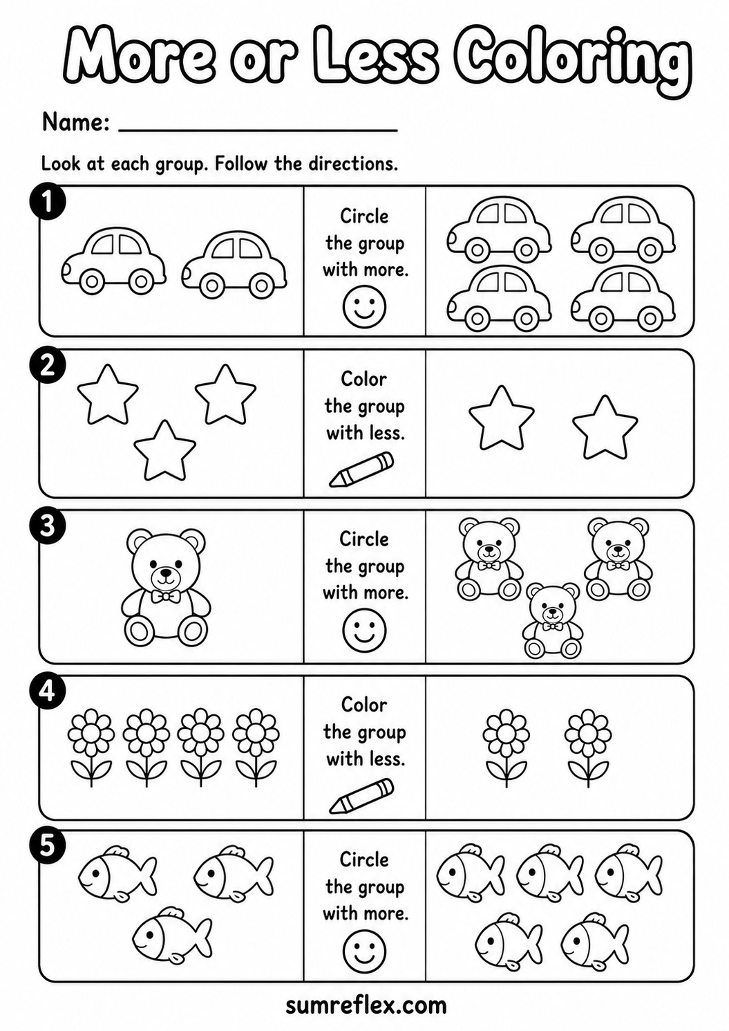 More or less coloring worksheet for preschool comparing picture groups