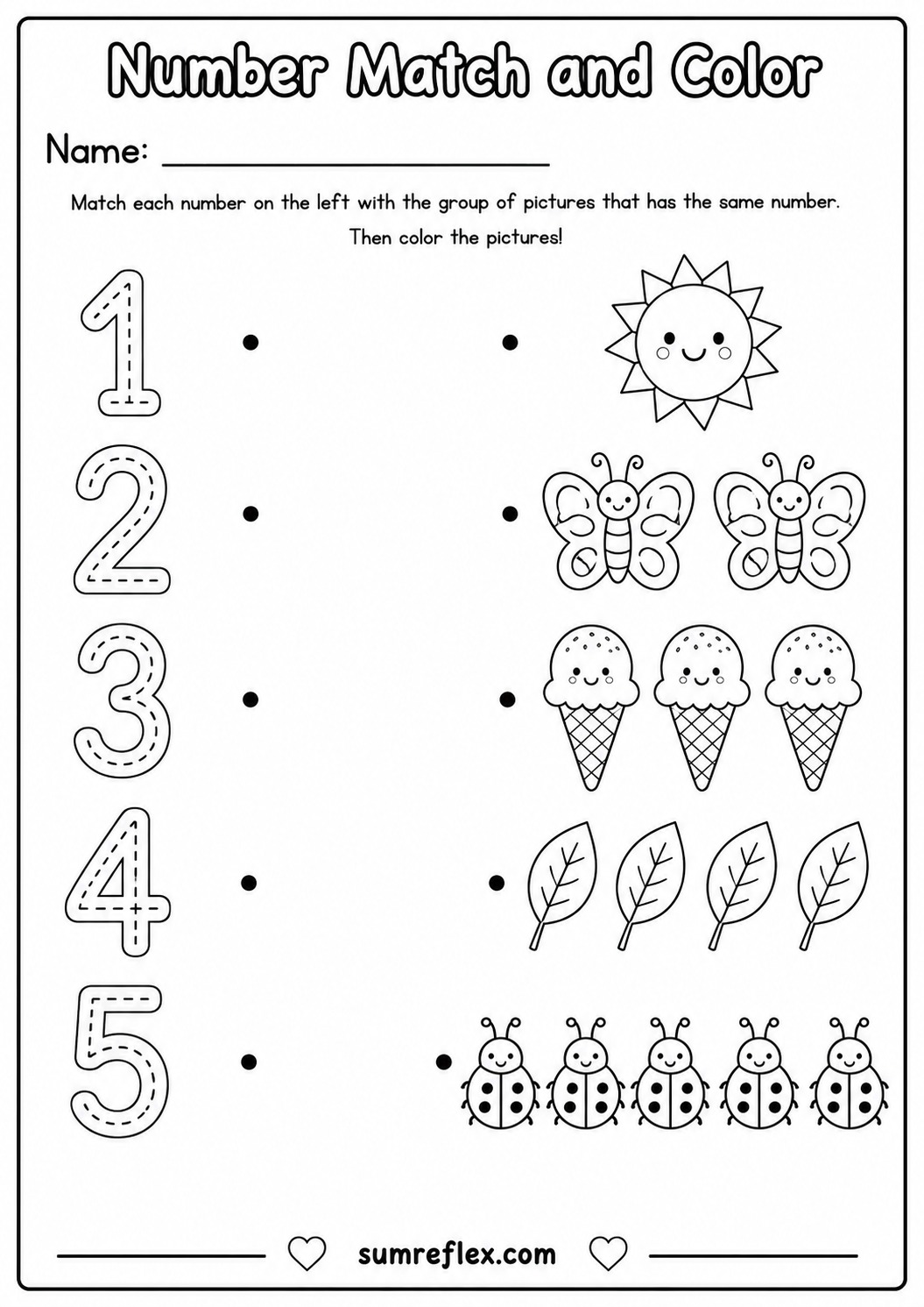 Number match and color worksheet for preschool numbers 1 to 5