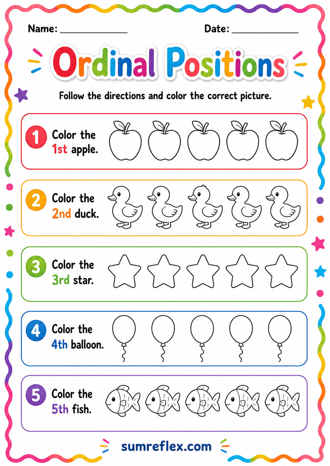 Ordinal position coloring worksheet for preschool first second and third language