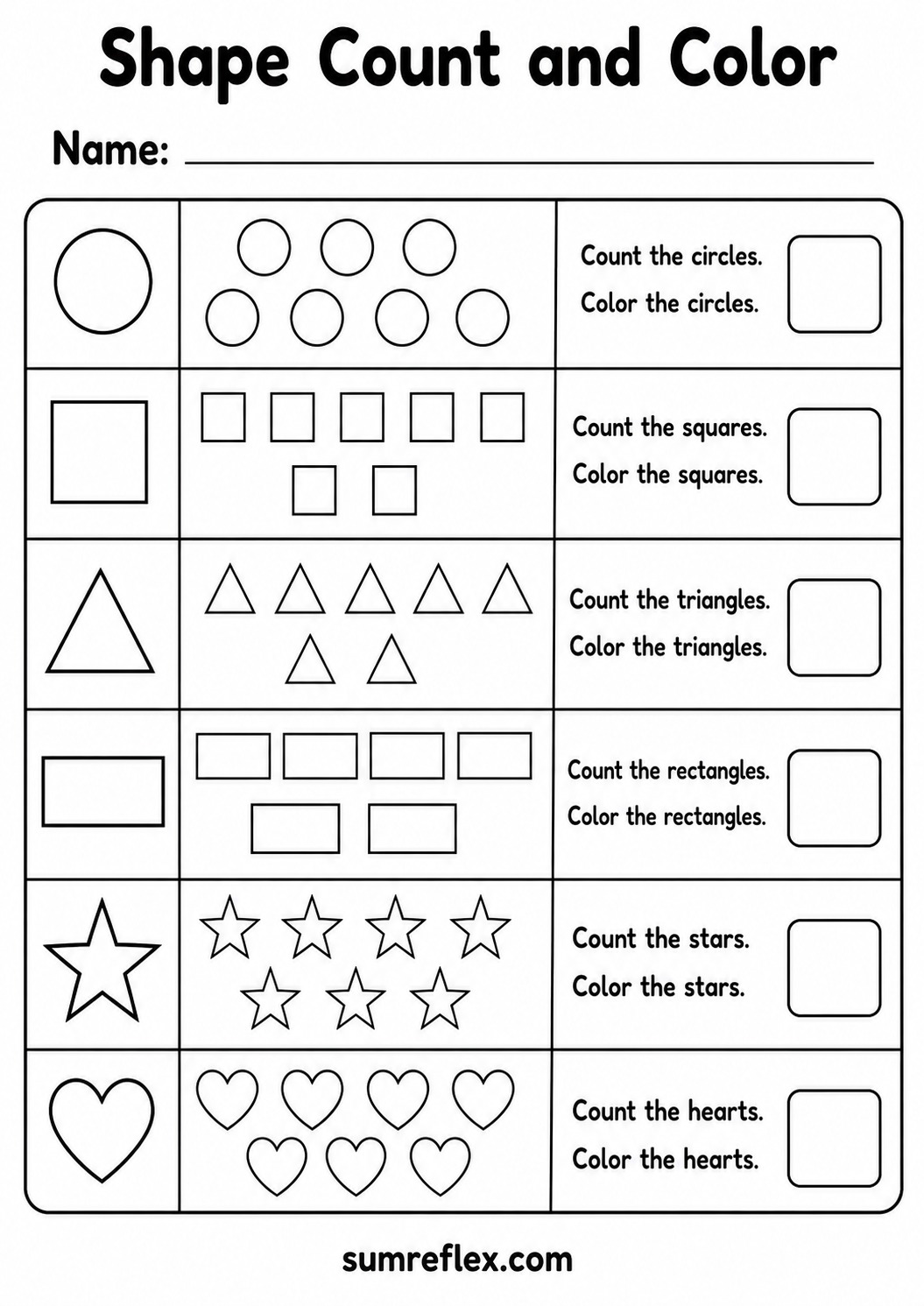 Shape count and color worksheet for preschool with circles squares triangles rectangles stars and hearts
