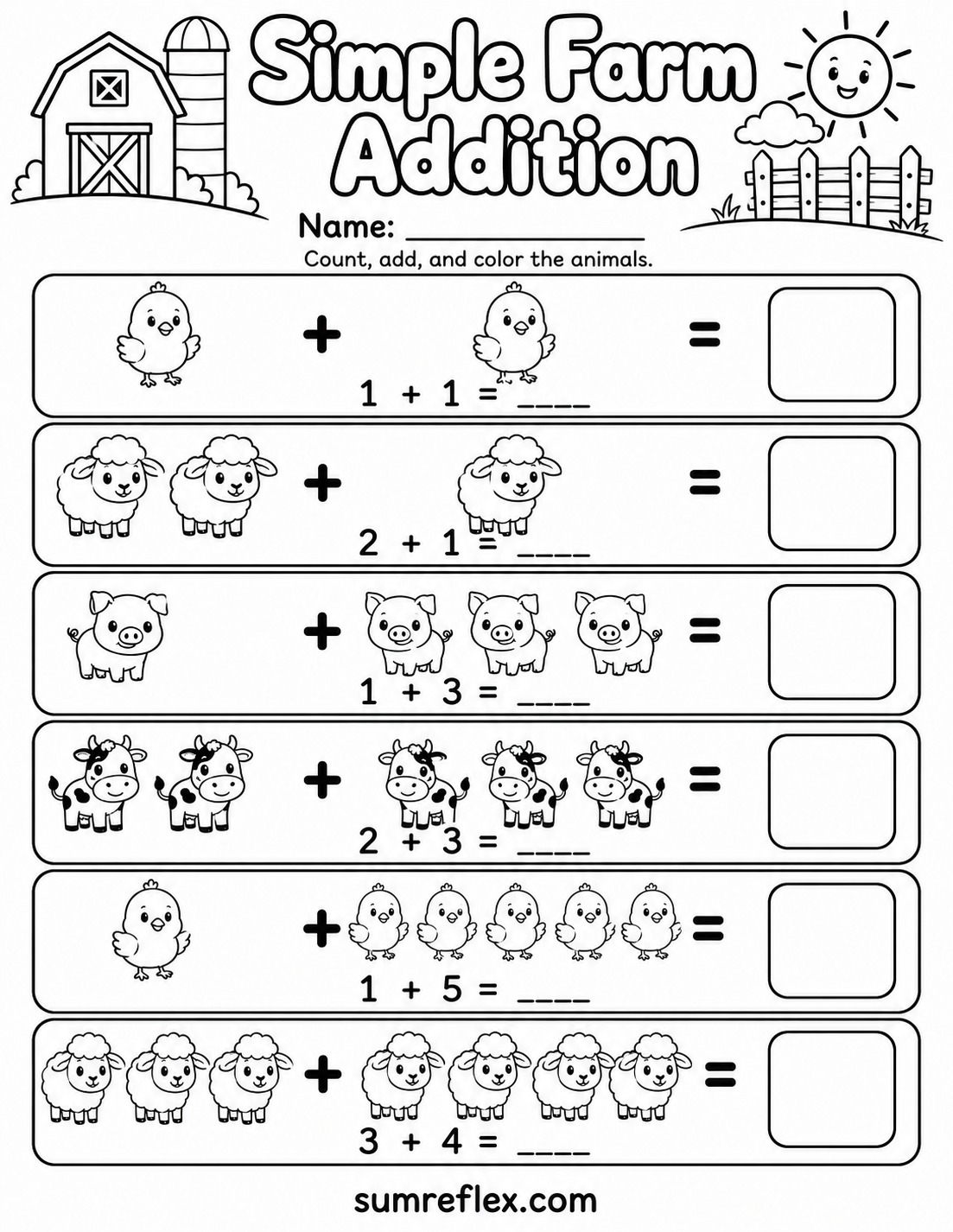 Simple farm addition coloring worksheet for preschool with animal picture sums