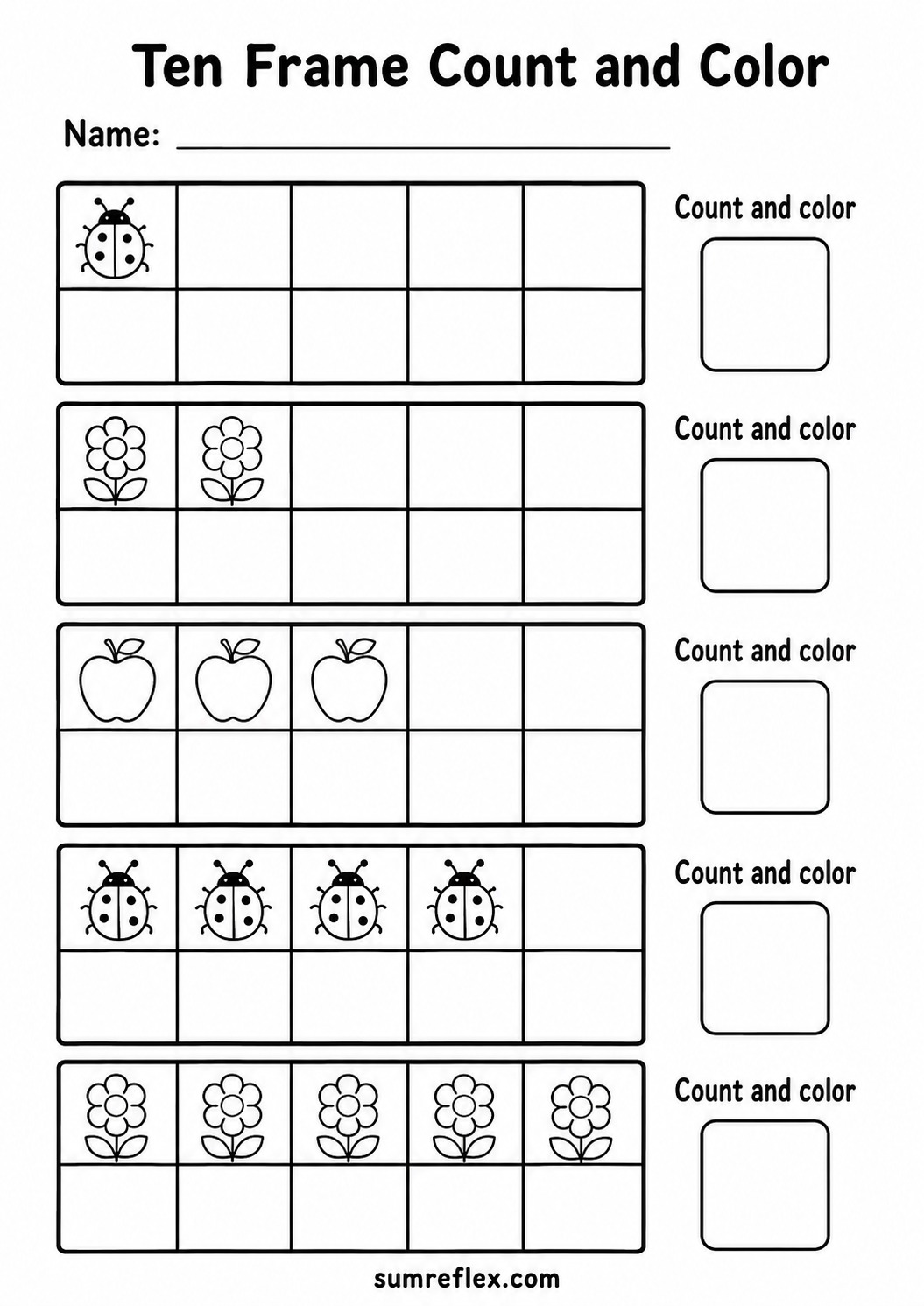 Ten frame count and color worksheet for preschool with insects flowers and apples