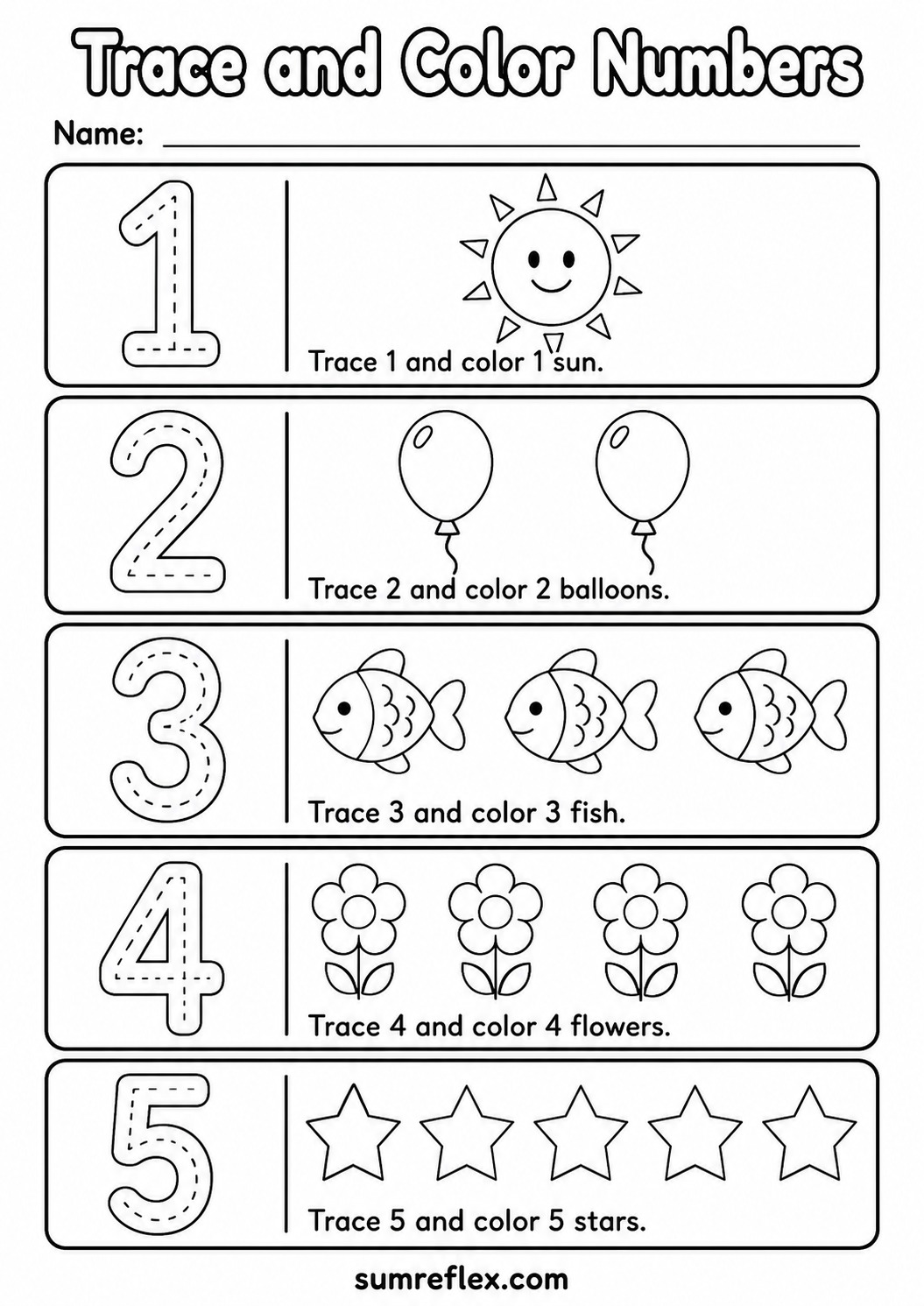Trace and color numbers 1 to 5 worksheet for preschool with picture groups