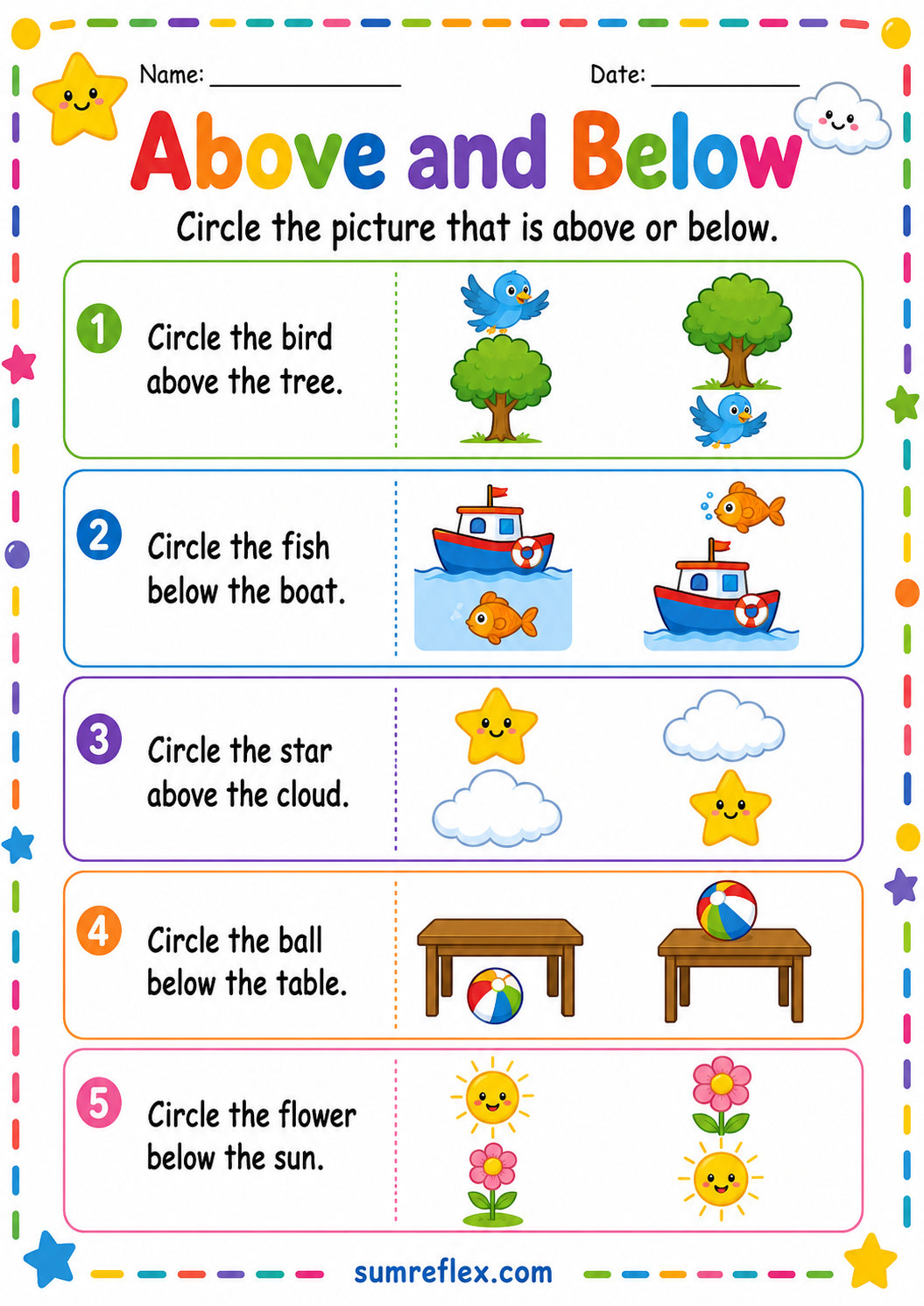 Preschool above and below worksheet with position pictures