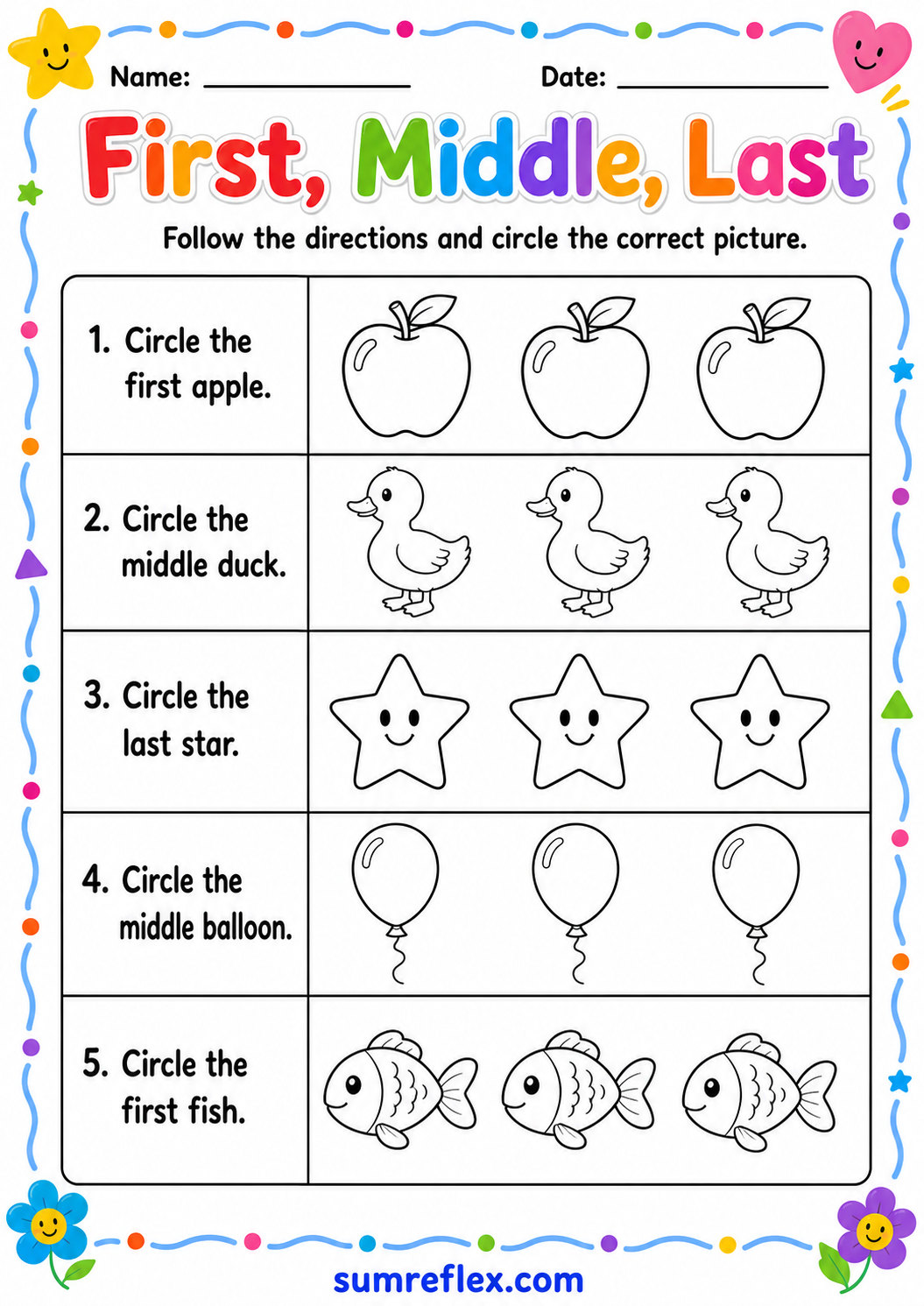 Preschool first middle last worksheet with ordered objects