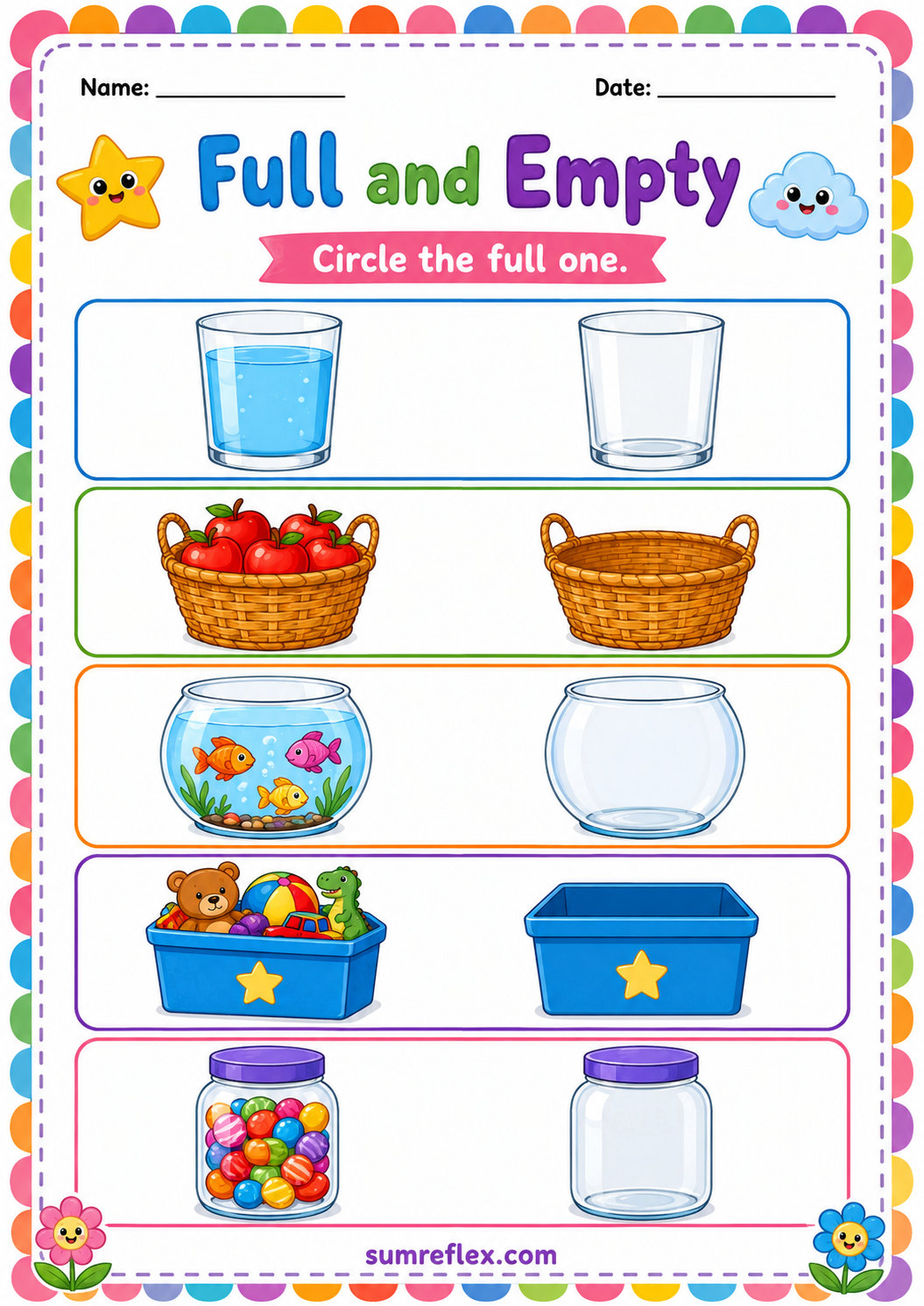 Full and empty comparison worksheet for preschool visual vocabulary