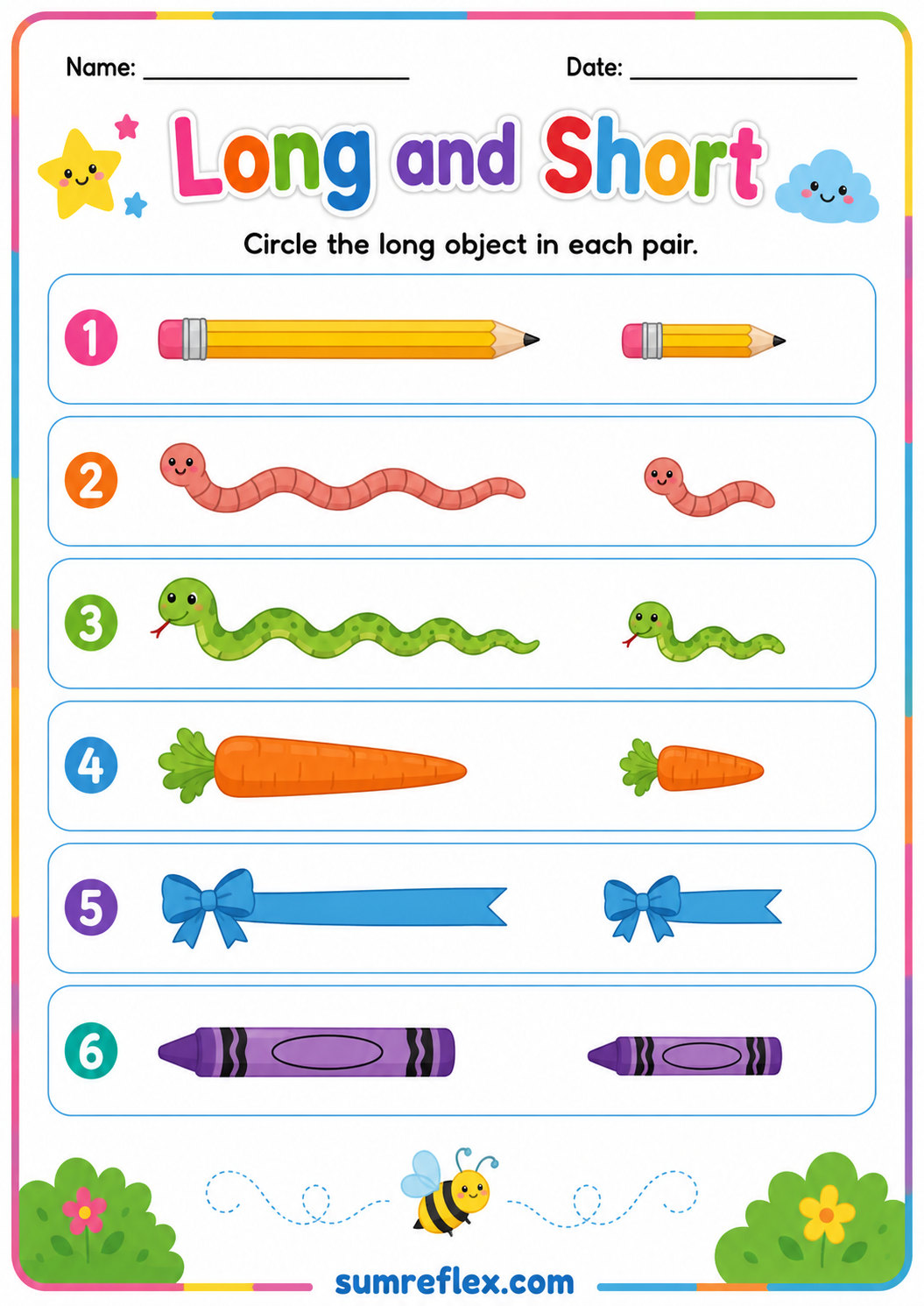 Long and short preschool worksheet with length comparison pictures