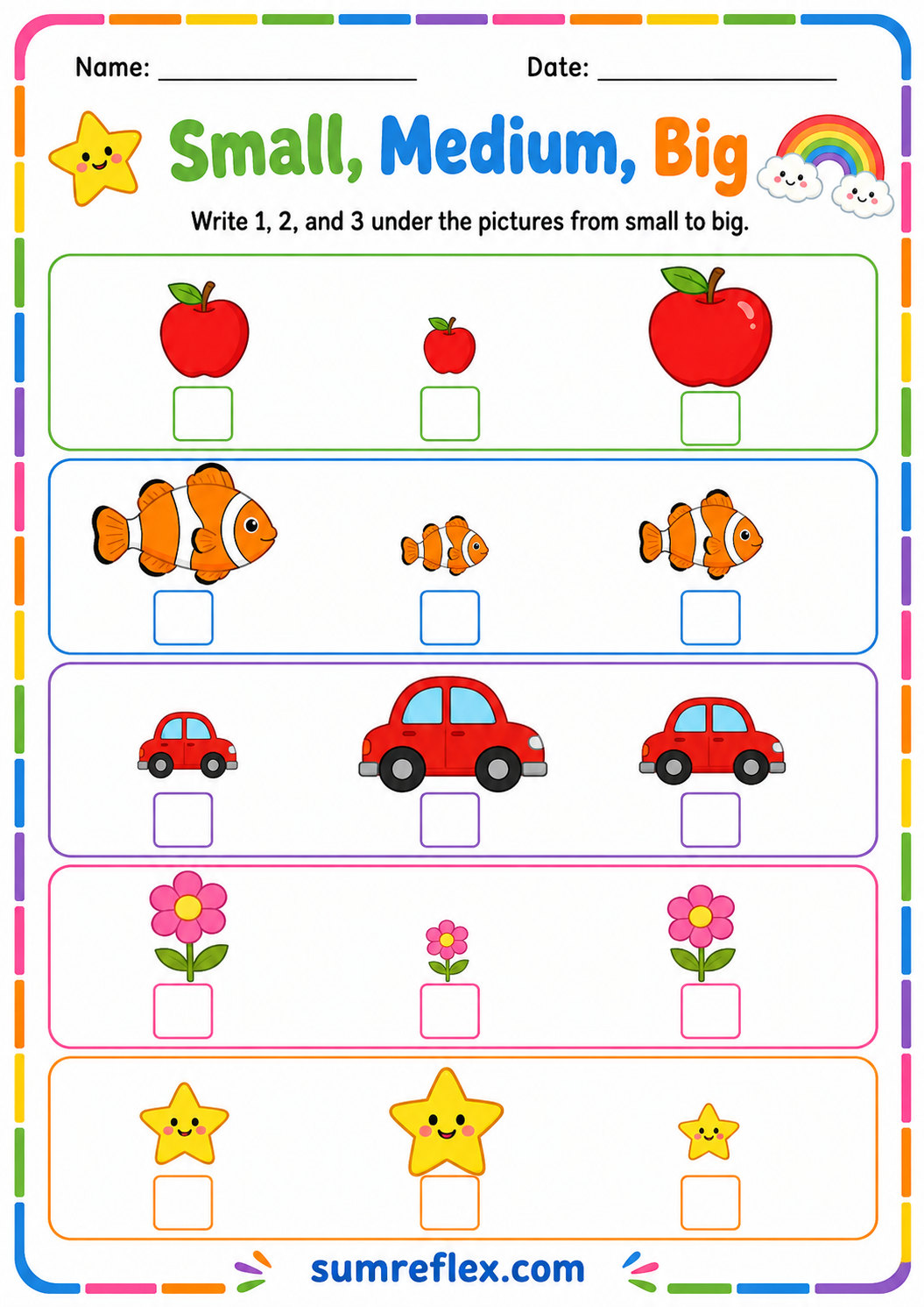 Small medium big worksheet for preschool size ordering
