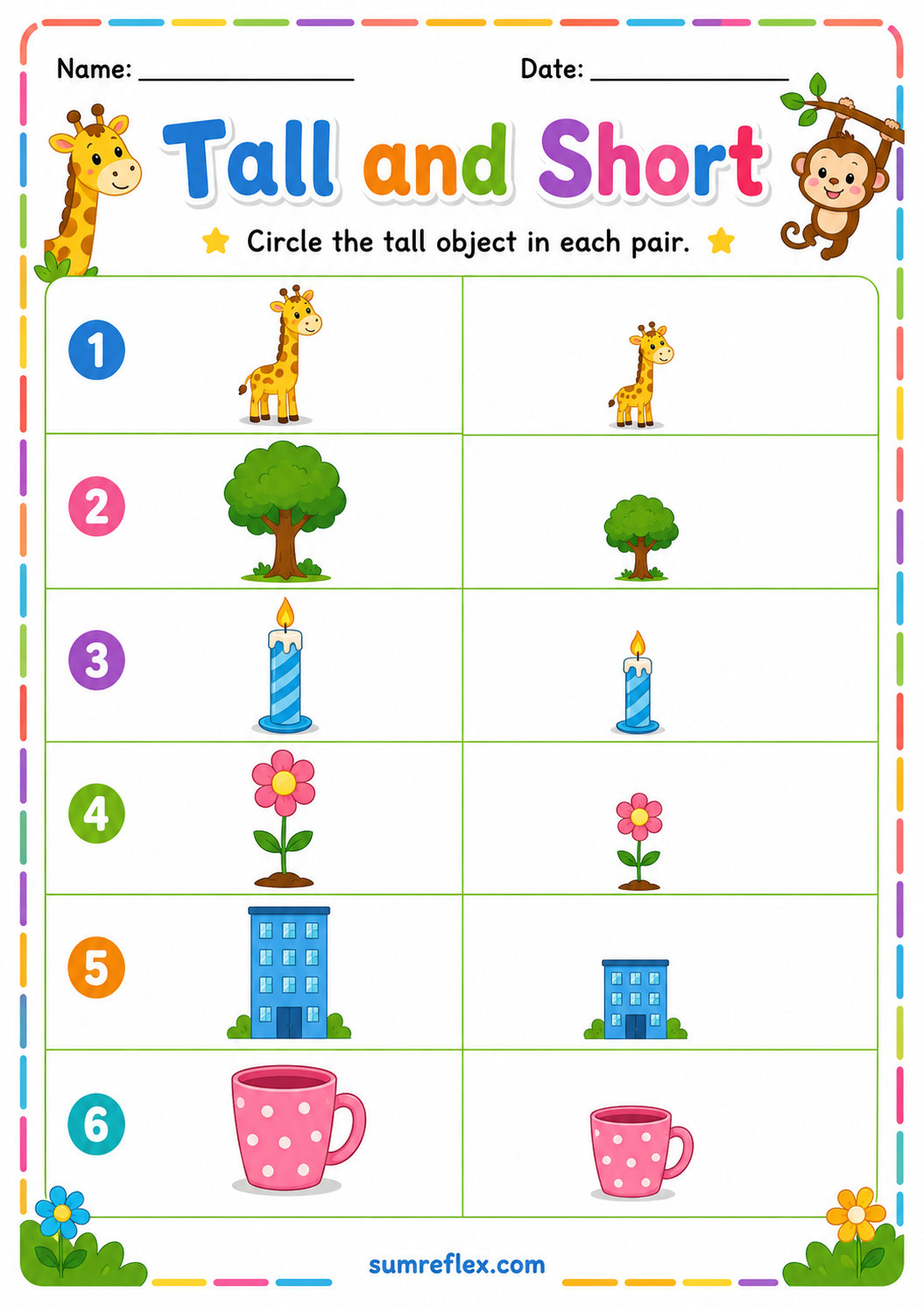Tall and short comparison worksheet for preschool height practice