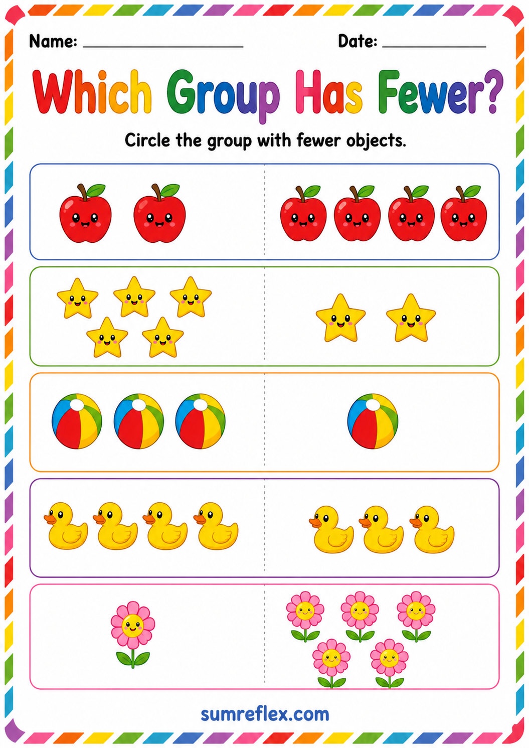 Preschool fewer groups worksheet with picture sets