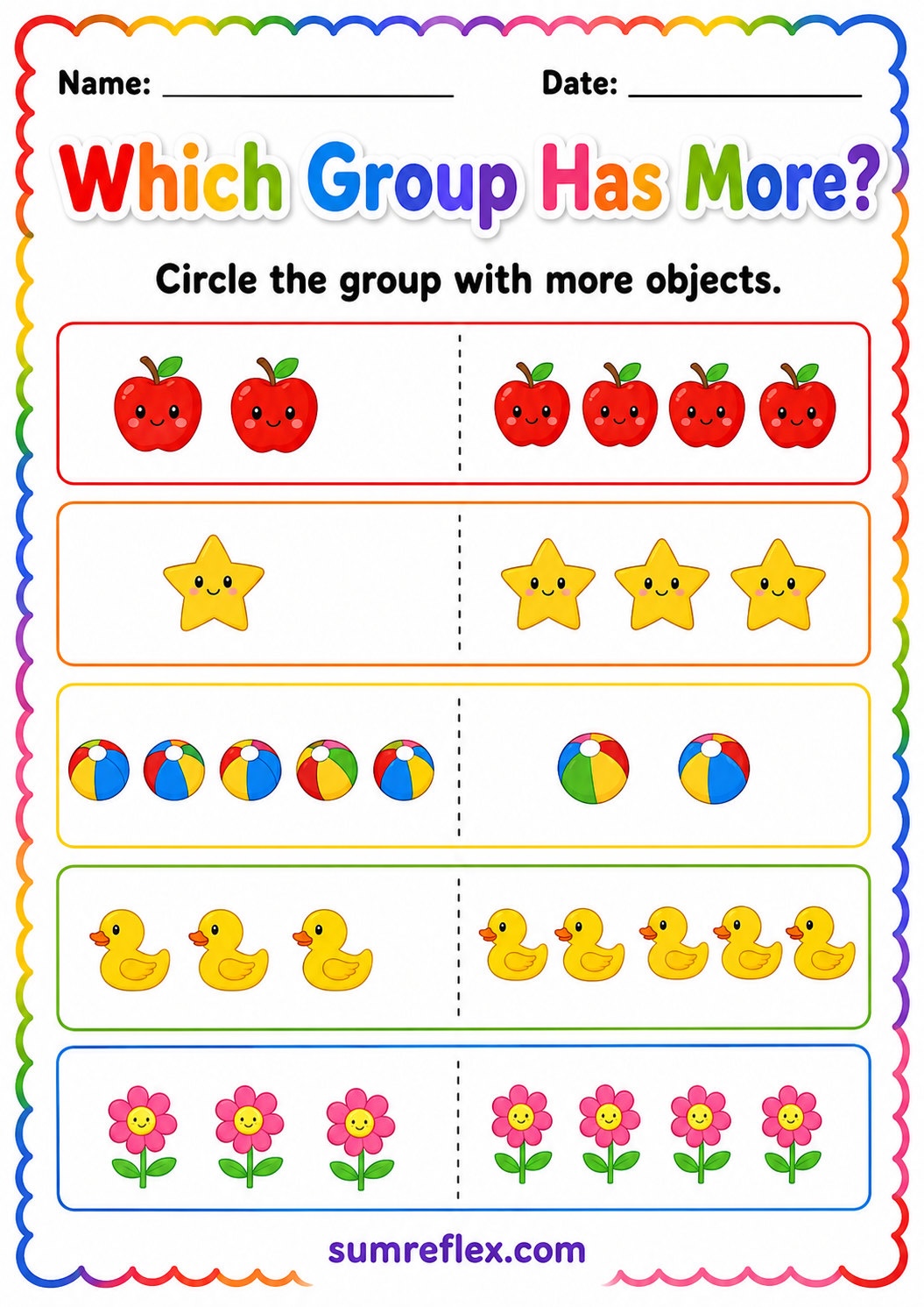 Preschool more groups worksheet with picture sets