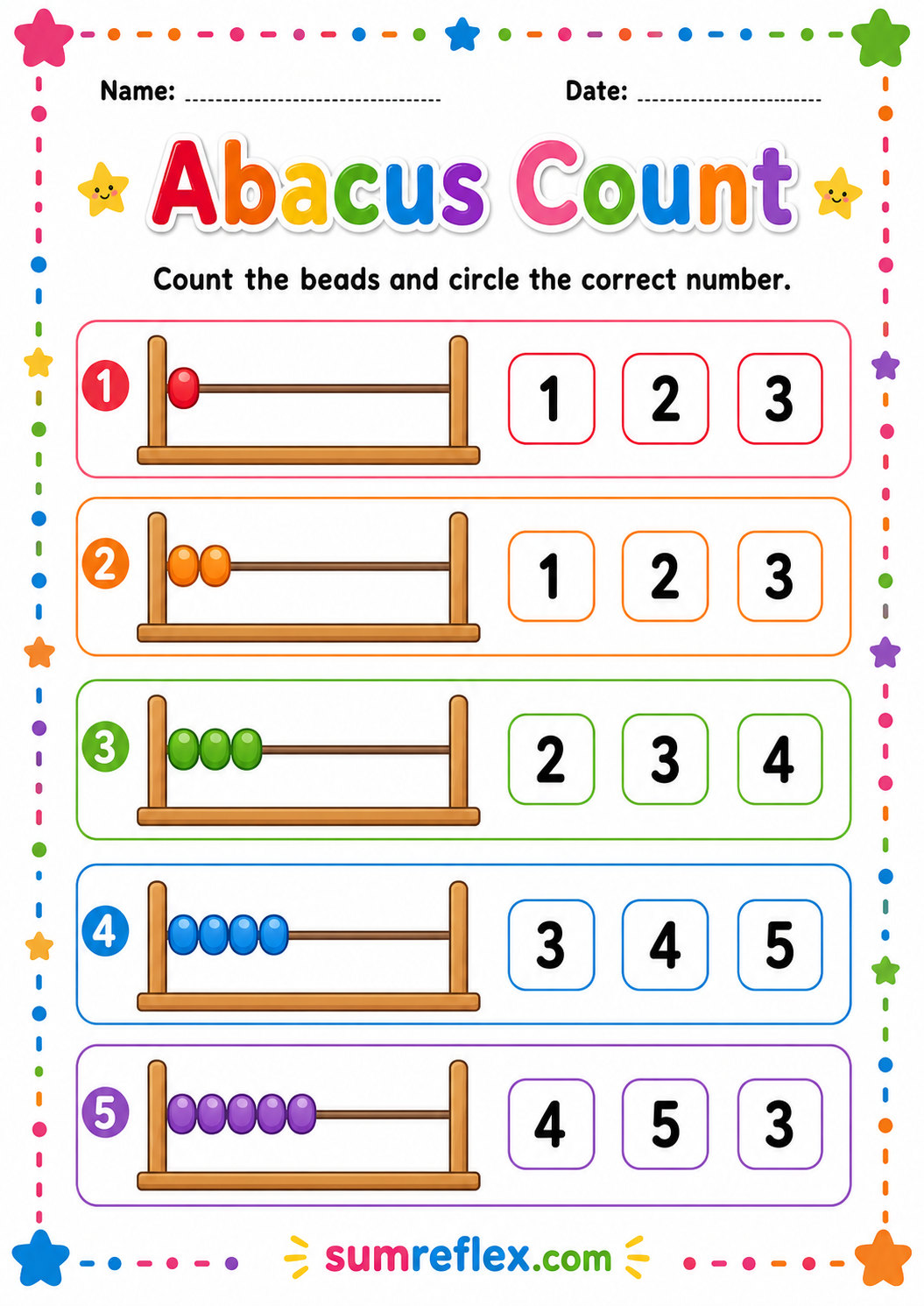 Abacus counting worksheet for preschool with bead groups to count