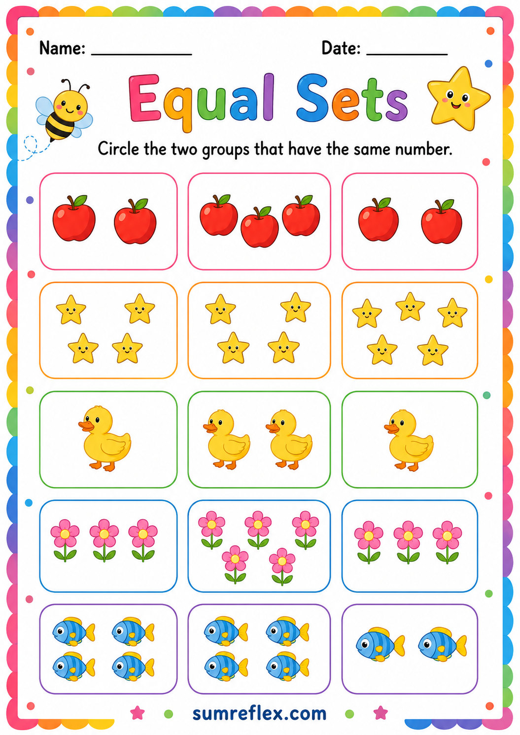 Colorful preschool counting worksheet with object groups