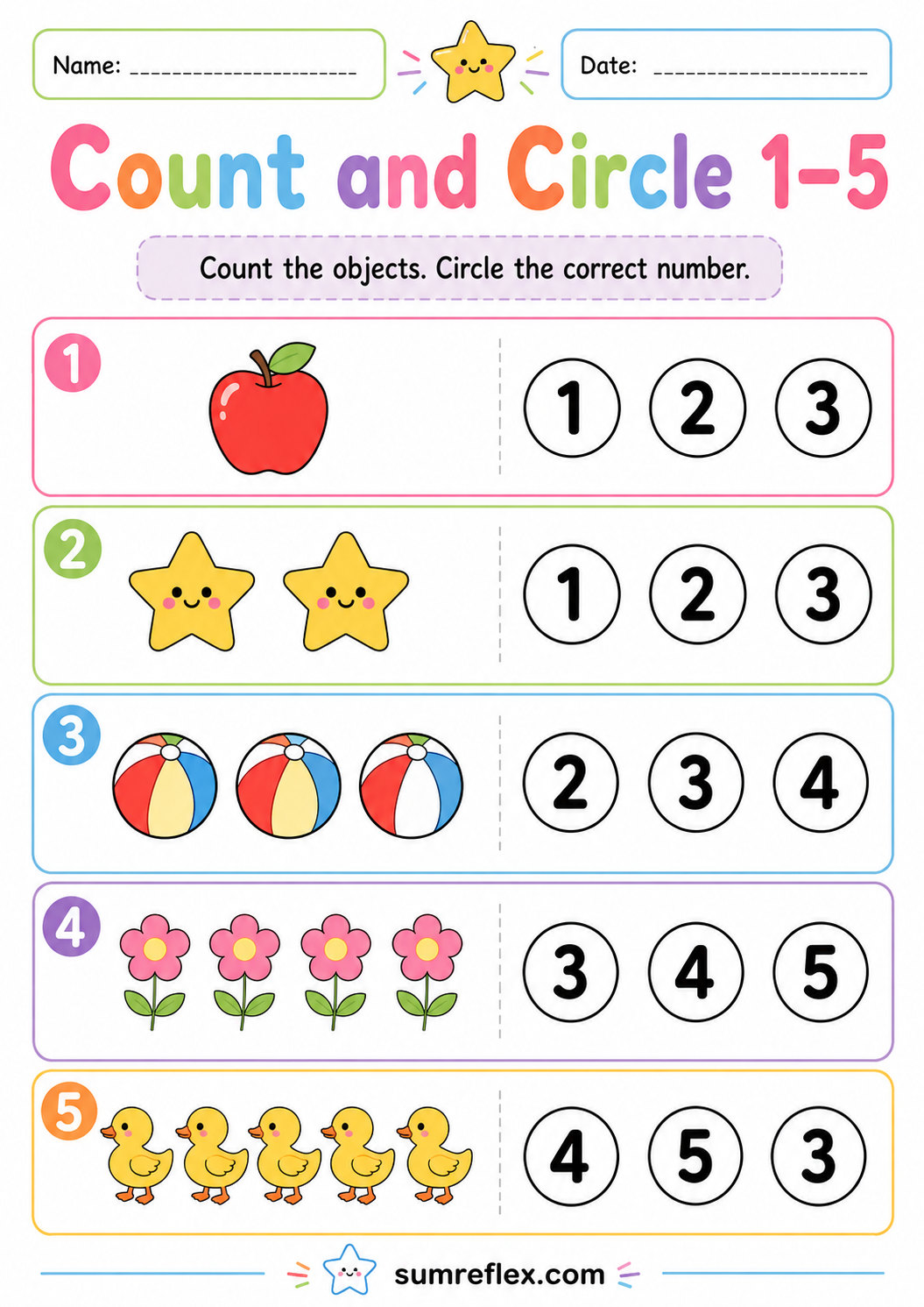 Count and circle worksheet for preschool number practice