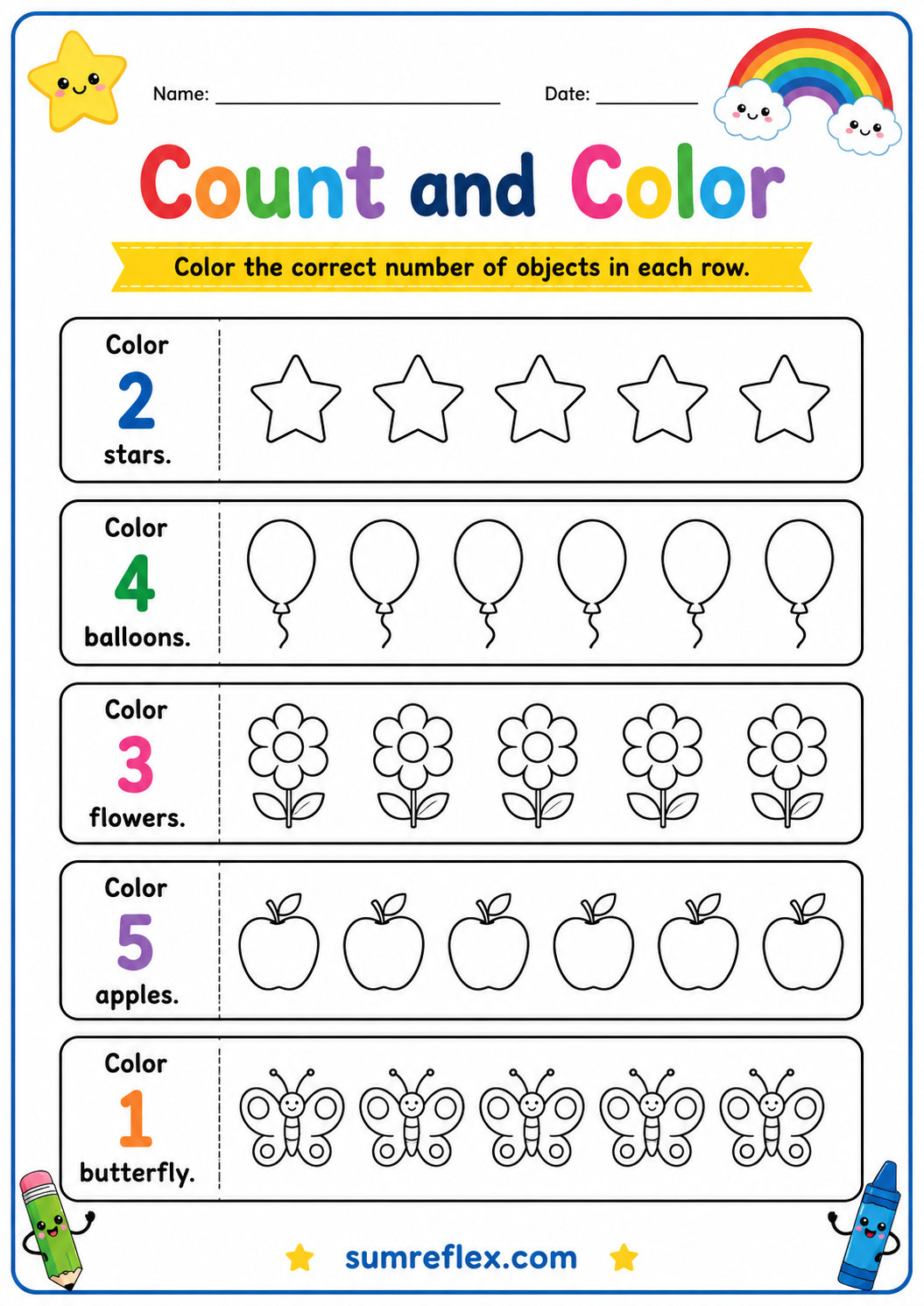 Preschool count and color worksheet with picture groups