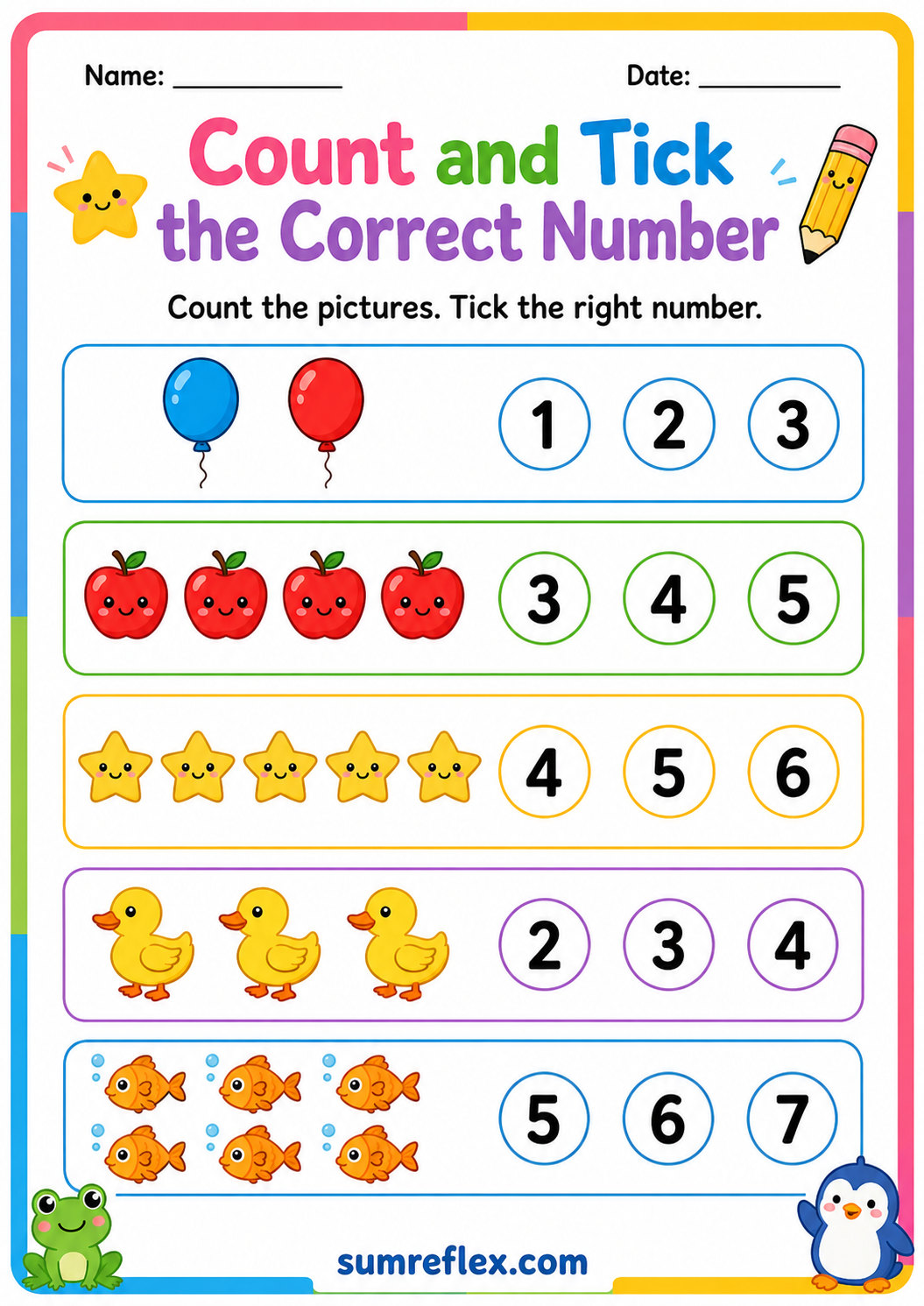 Count and tick preschool worksheet with answer choices