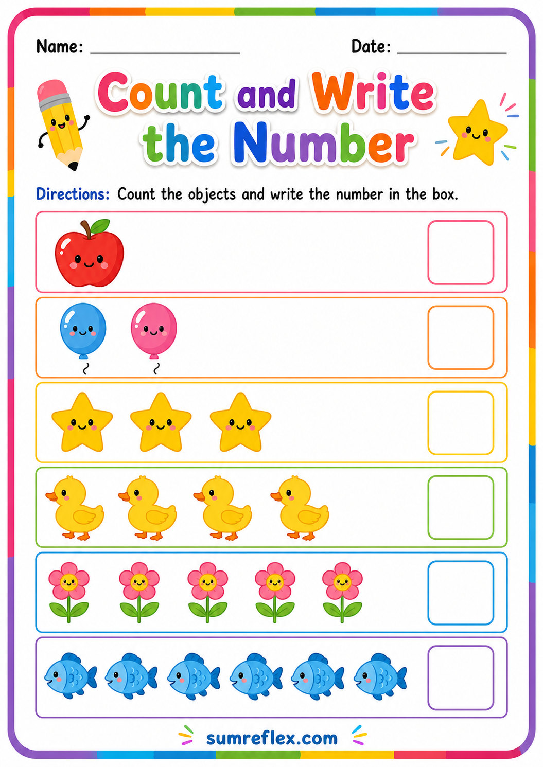 Count and write preschool worksheet with spaces for numerals
