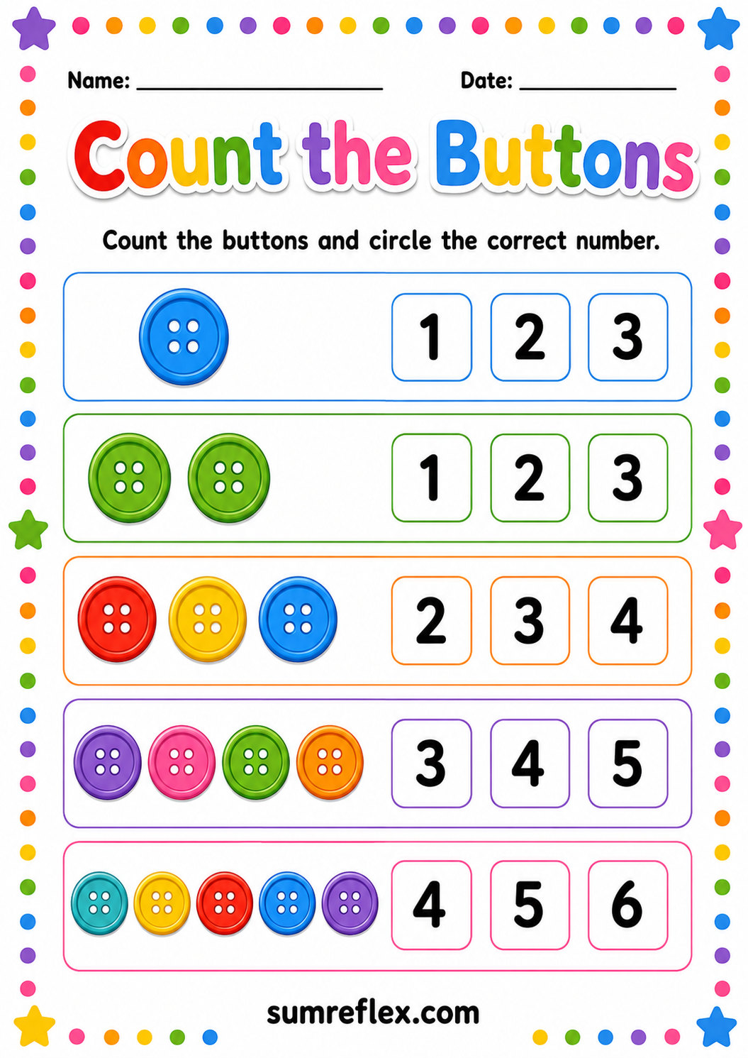 Button counting worksheet for preschool learners