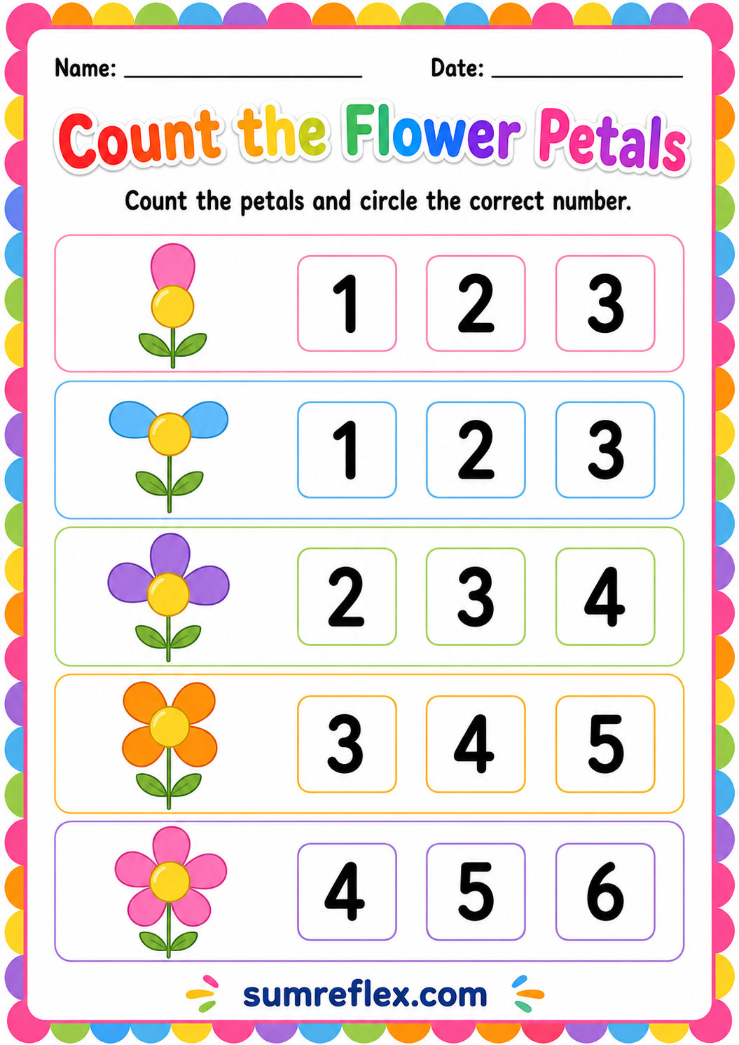 Flower petal counting worksheet for preschool