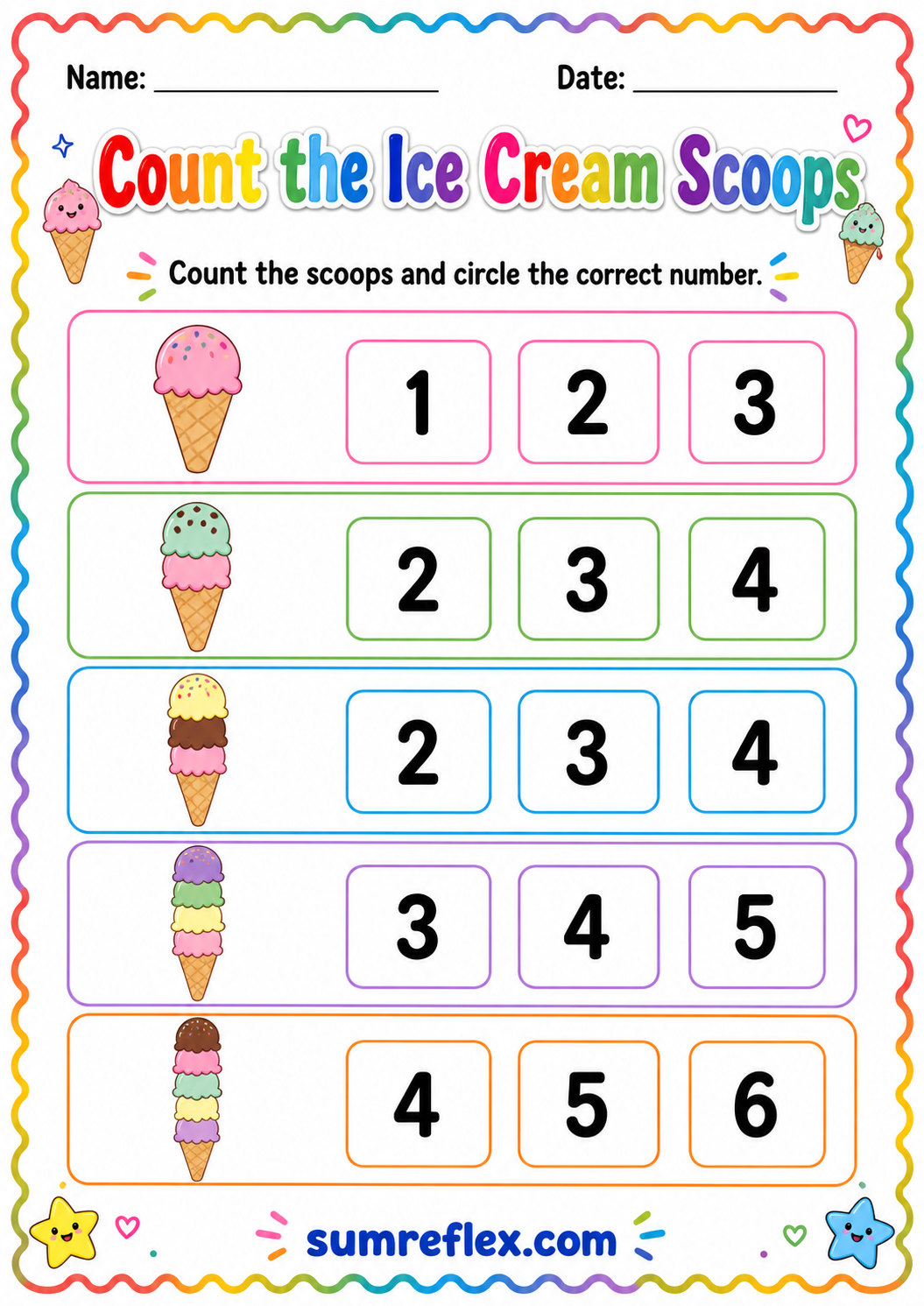 Ice cream scoop counting worksheet for preschool