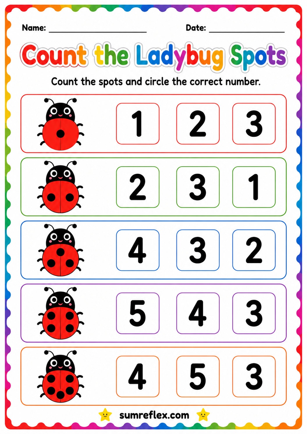 Ladybug spot counting worksheet for preschool