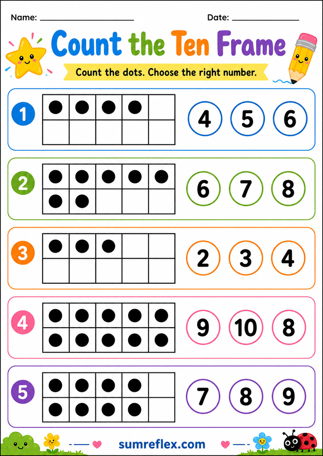 Ten frame counting worksheet for preschool number sense