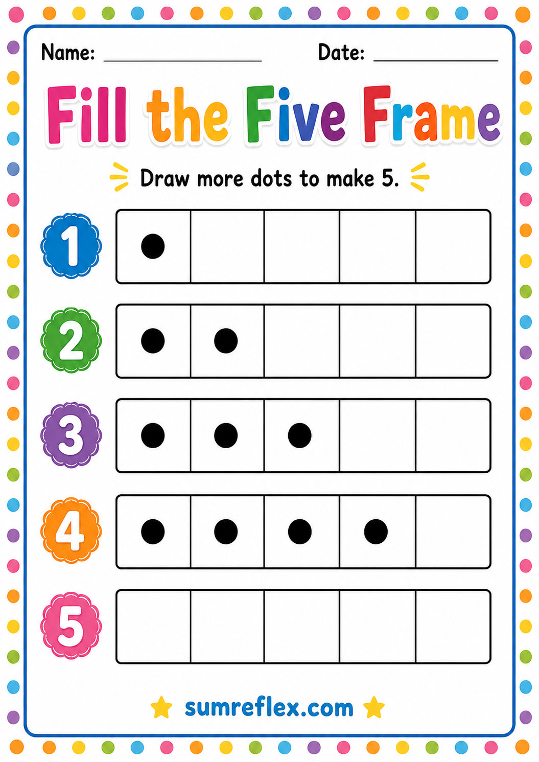 Five frame worksheet for preschool counting practice
