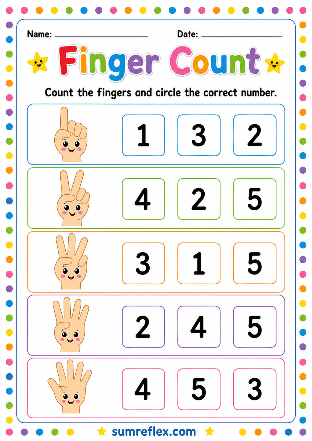 Finger counting worksheet for preschool number practice