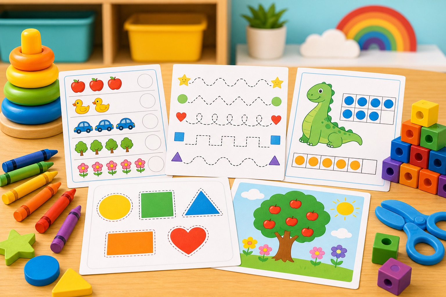 Preschool printable worksheets with crayons, tracing sheets, shape cards, counting pictures, and classroom blocks
