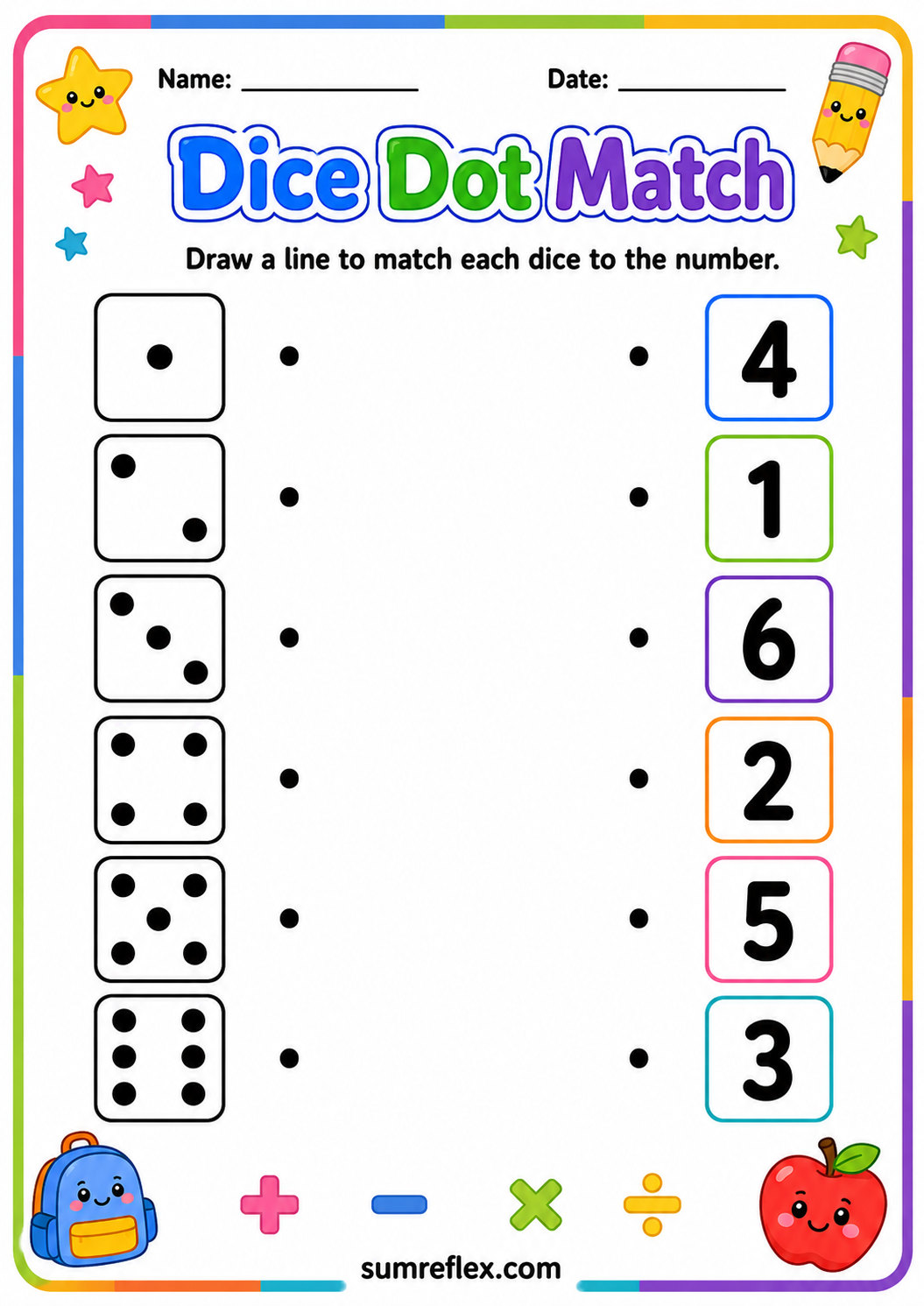 Dice dot matching worksheet for preschool number practice