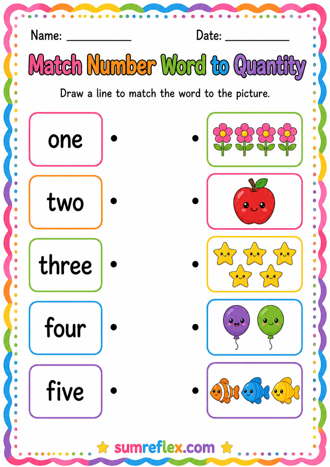 Number words and pictures matching worksheet for preschool