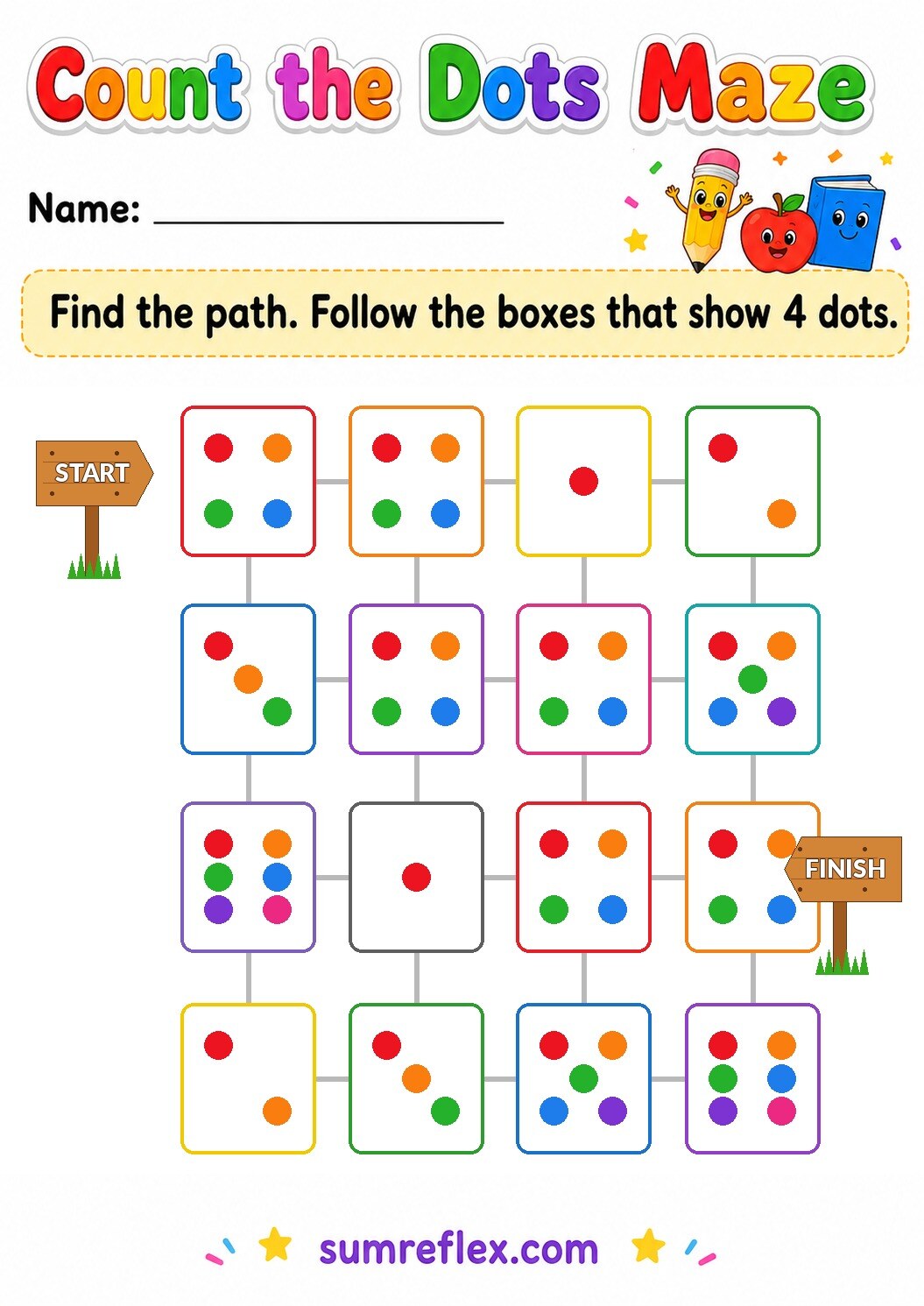 Preschool count the dots maze worksheet with small dot groups to count
