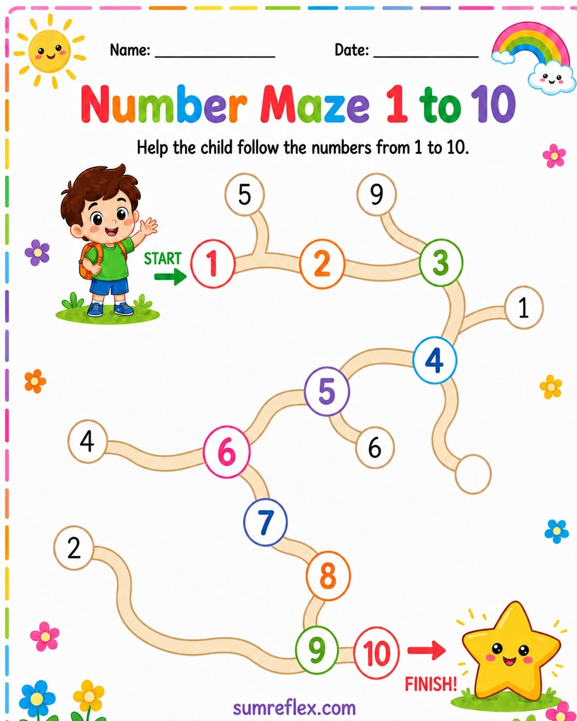 Preschool number maze adventure worksheet with a path for children to follow